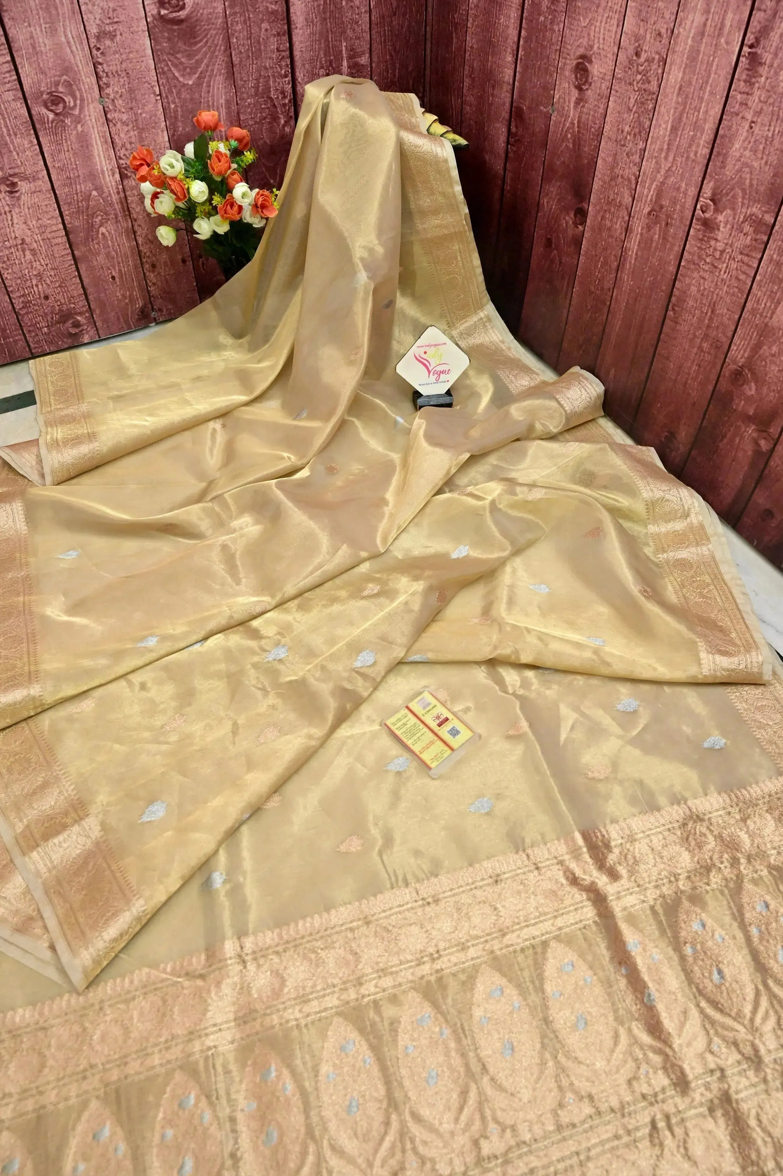 Tussar Color Tissue Banarasi Saree with Golden and Silver Butta Work