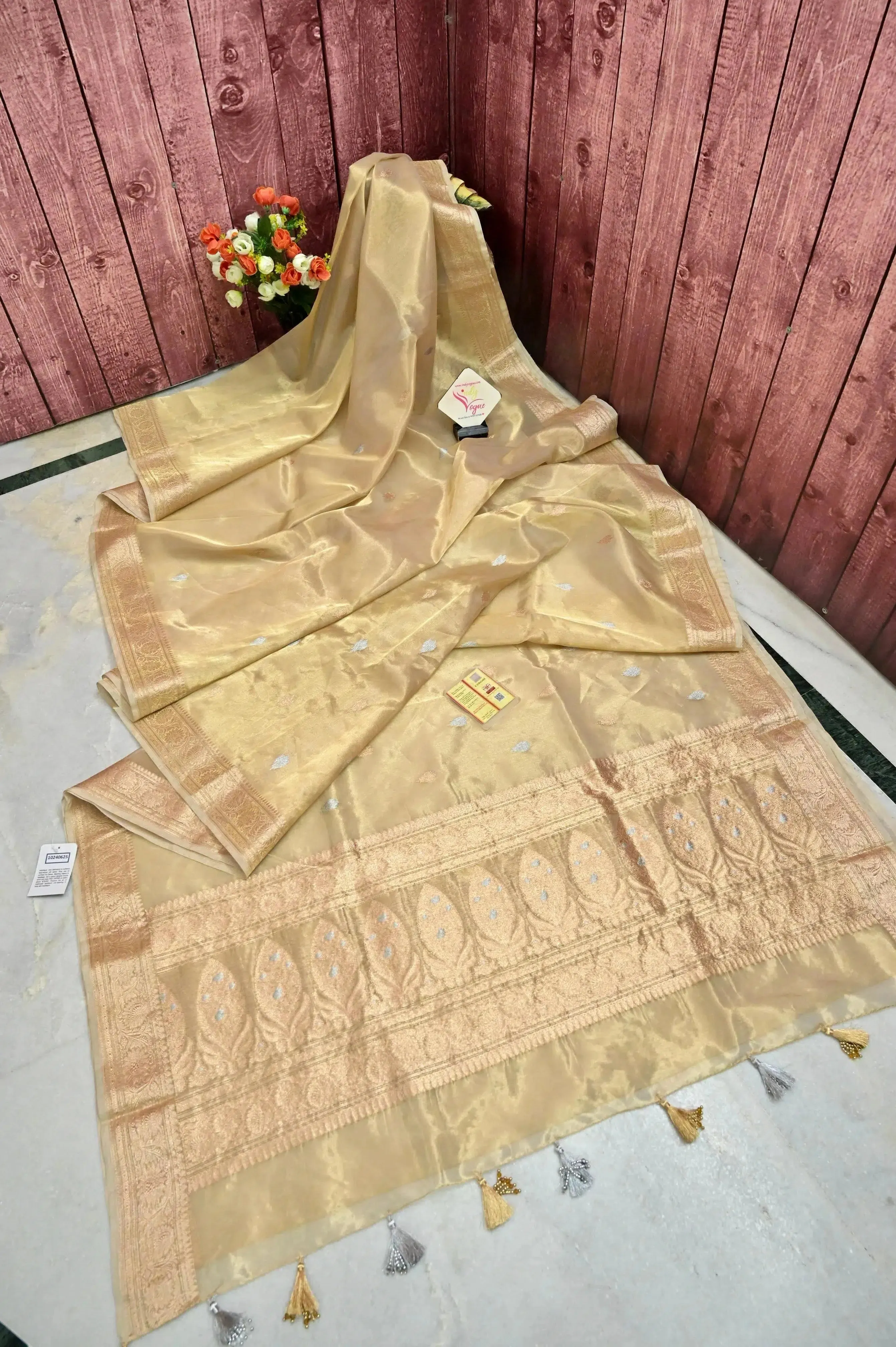 Tussar Color Tissue Banarasi Saree with Golden and Silver Butta Work