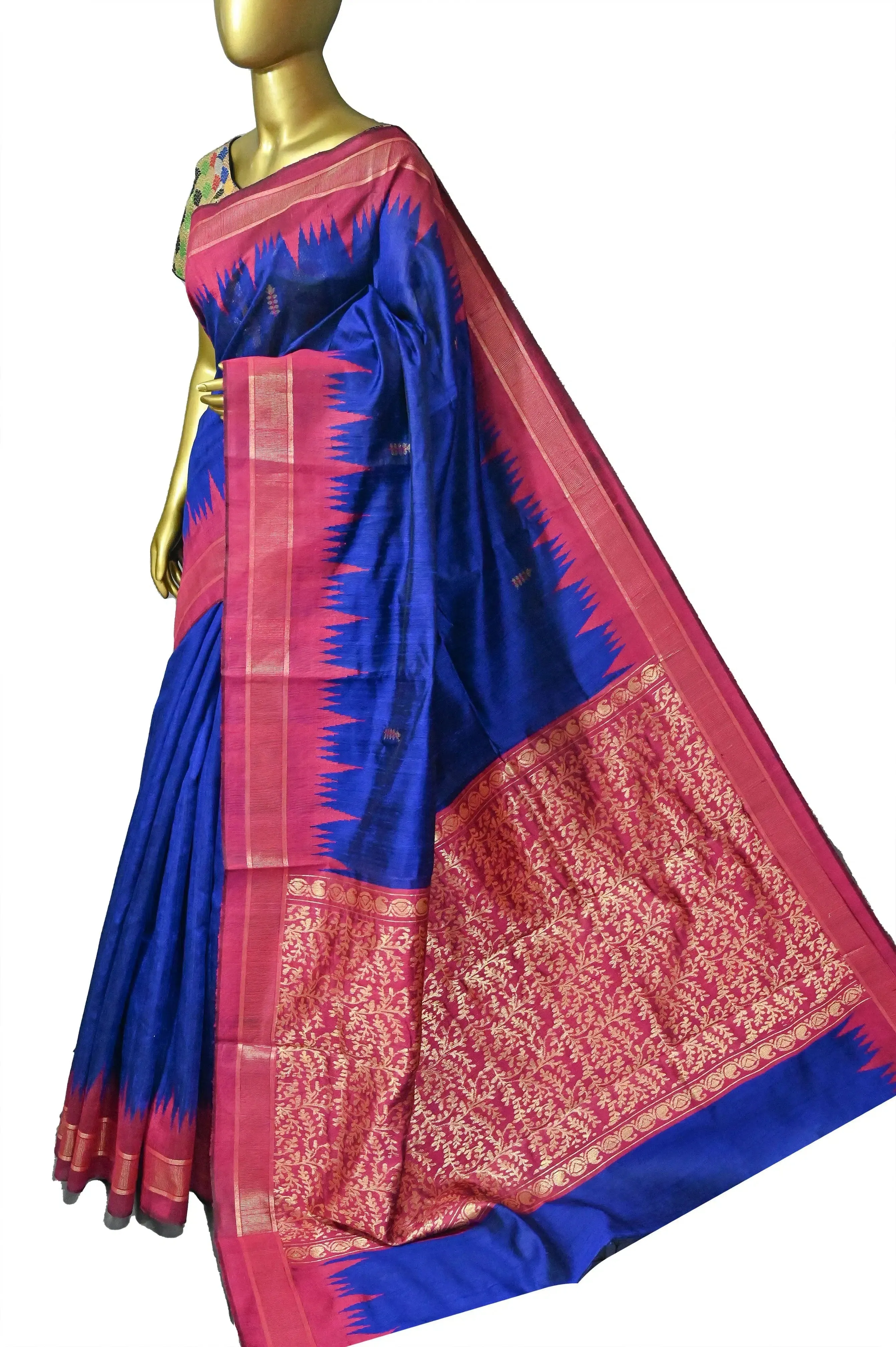 Ultramarine Blue Color Pure Raw Silk with Temple Border and Jala Pallu