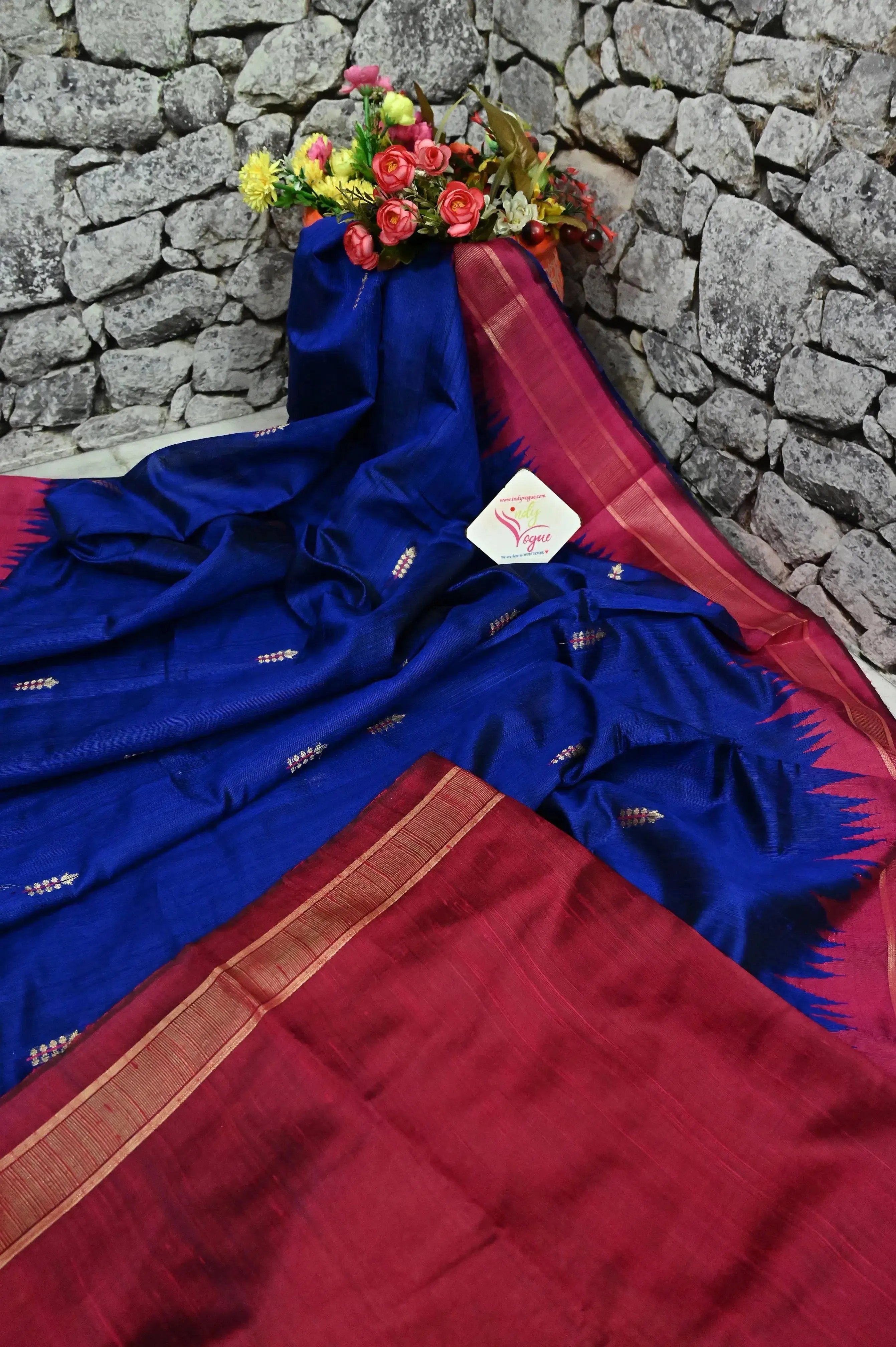 Ultramarine Blue Color Pure Raw Silk with Temple Border and Jala Pallu