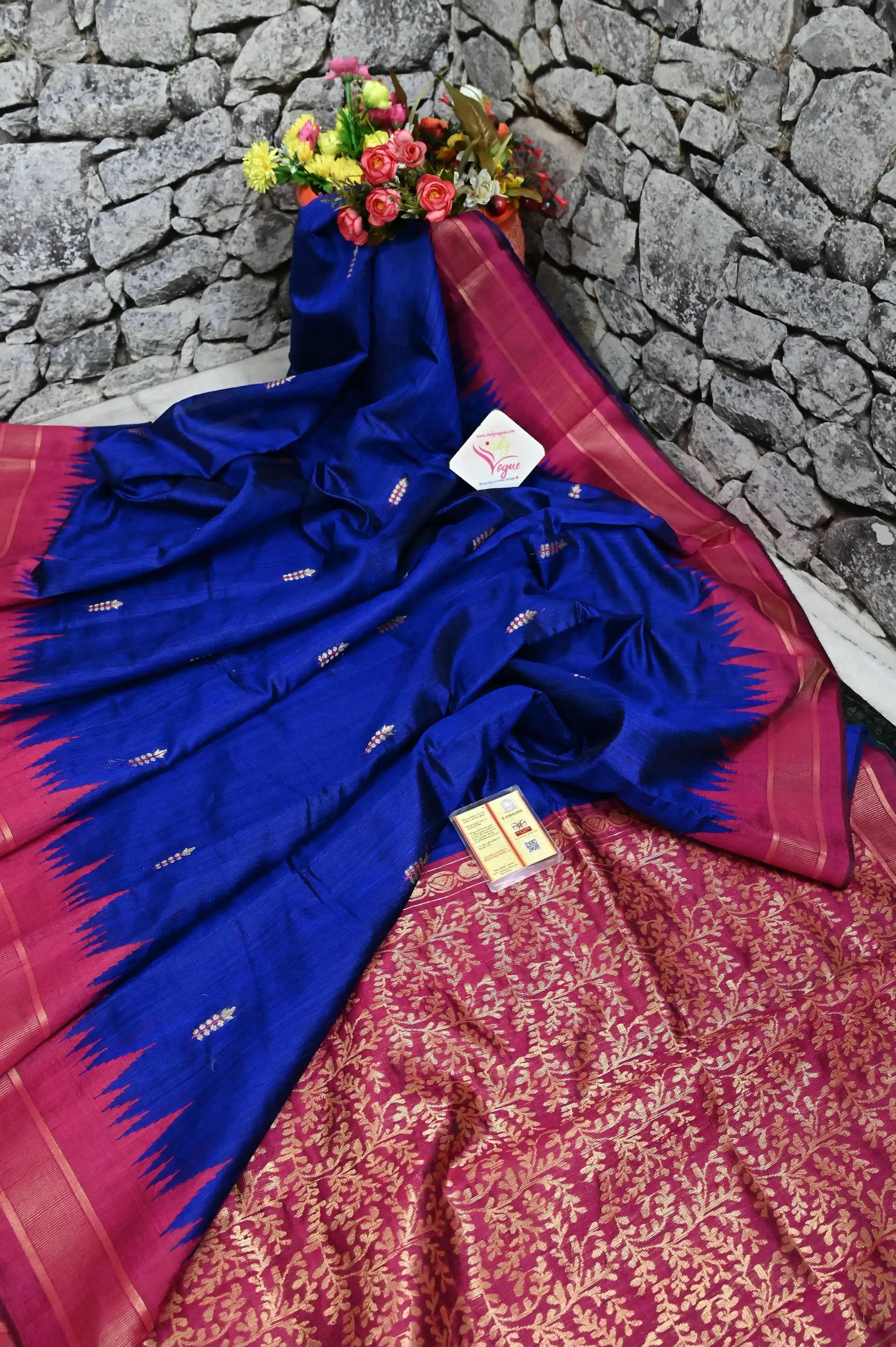 Ultramarine Blue Color Pure Raw Silk with Temple Border and Jala Pallu