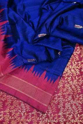 Ultramarine Blue Color Pure Raw Silk with Temple Border and Jala Pallu