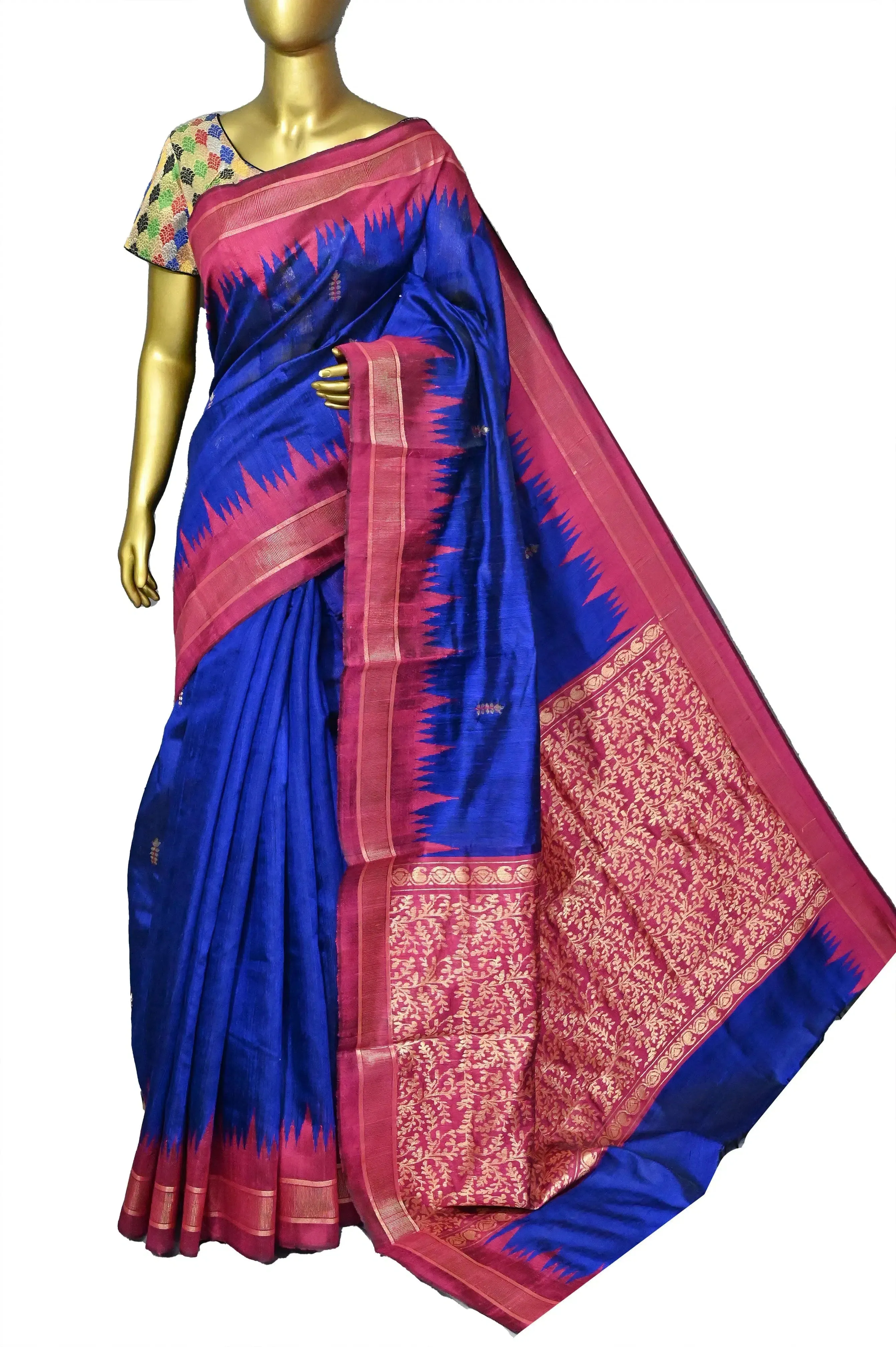 Ultramarine Blue Color Pure Raw Silk with Temple Border and Jala Pallu