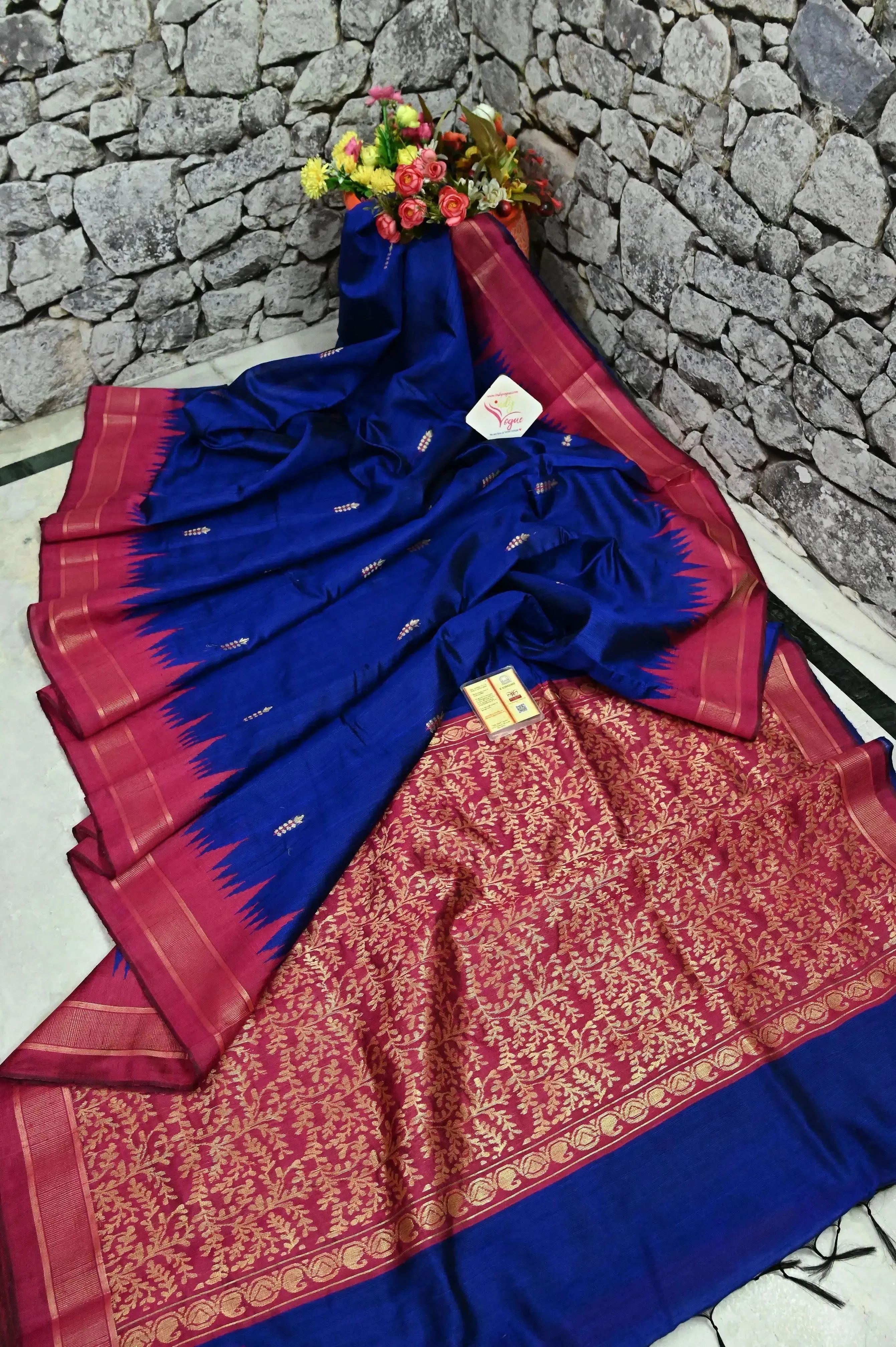 Ultramarine Blue Color Pure Raw Silk with Temple Border and Jala Pallu