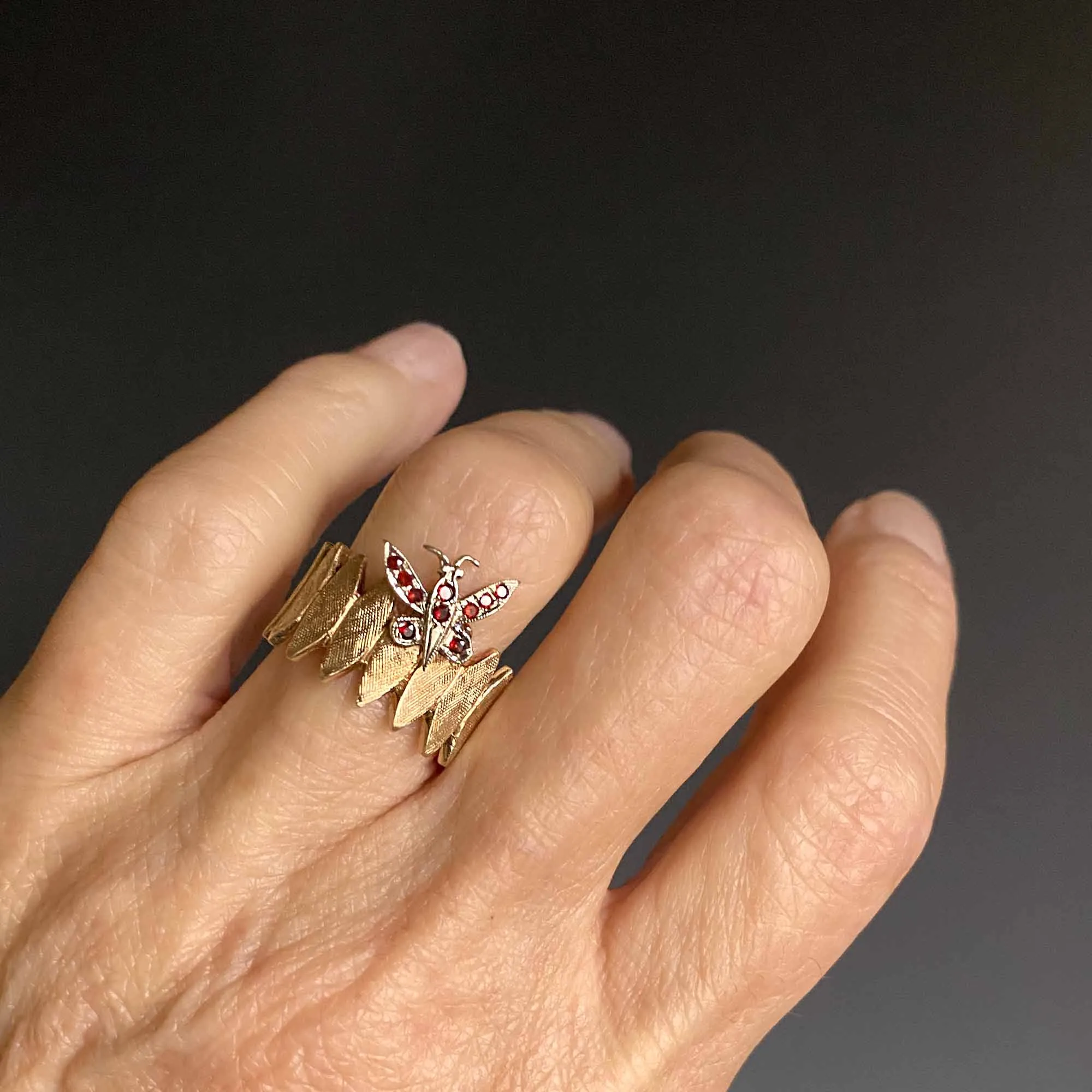 Vintage 14K Gold Wide Band Garnet Butterfly Ring