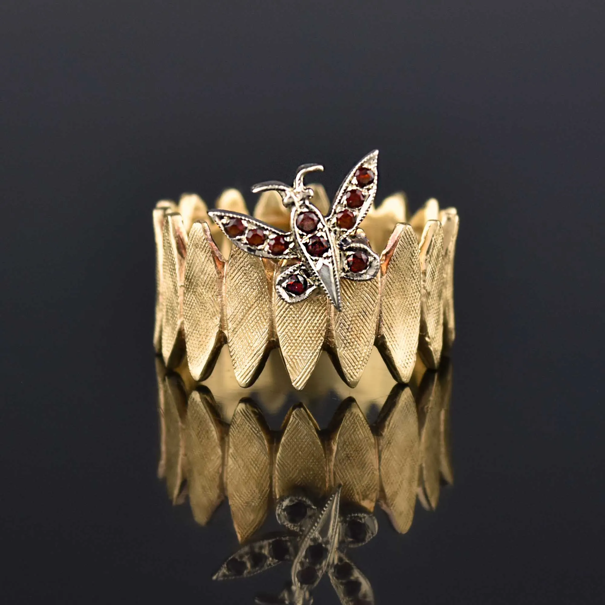 Vintage 14K Gold Wide Band Garnet Butterfly Ring