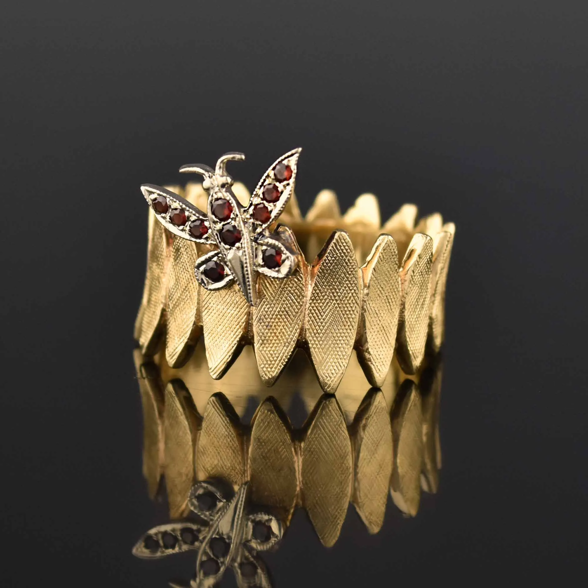 Vintage 14K Gold Wide Band Garnet Butterfly Ring