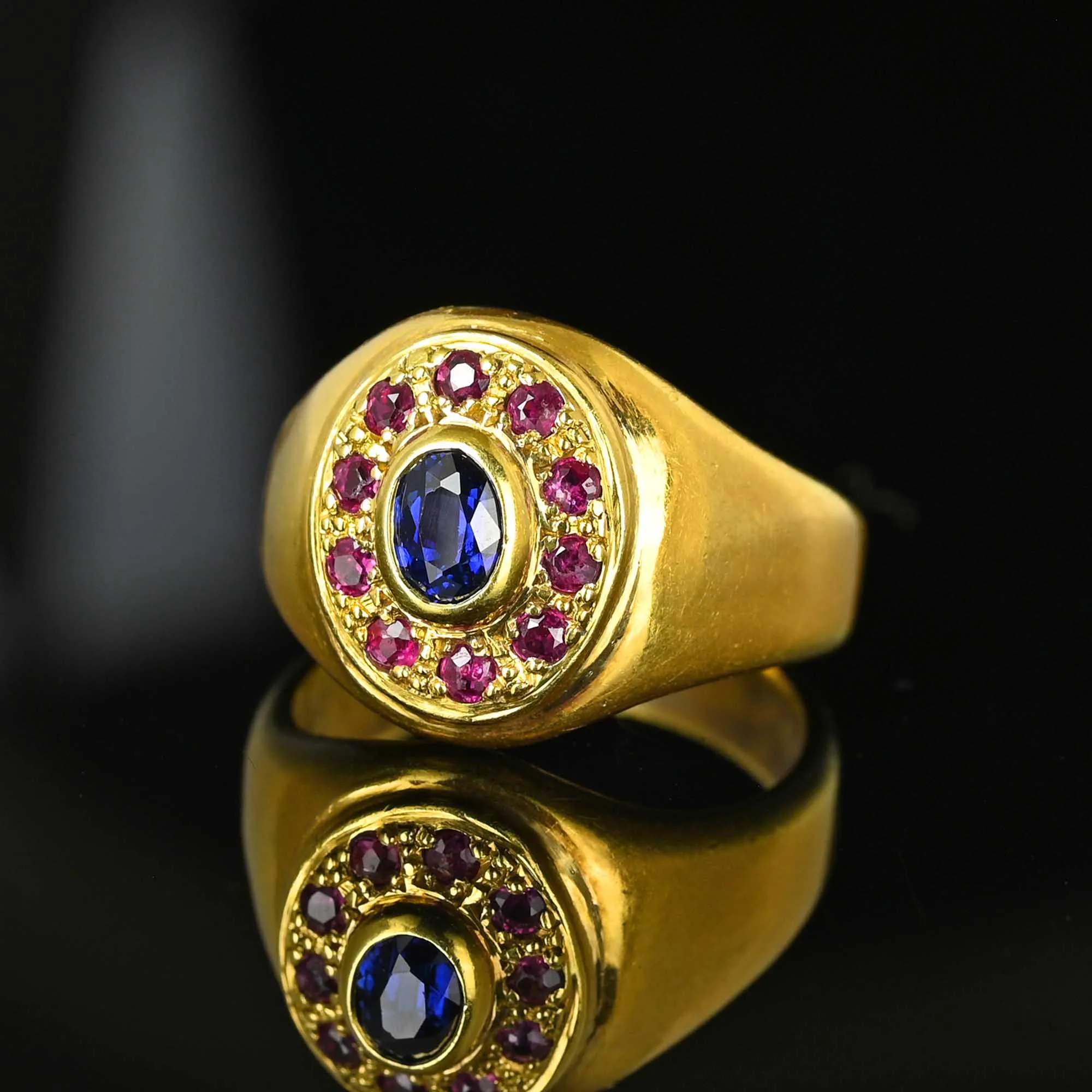 Vintage 18K Gold Ruby Halo Sapphire Signet Ring