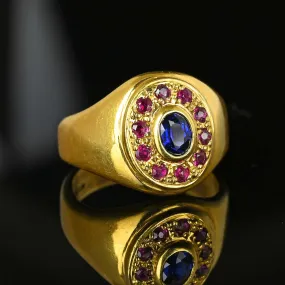 Vintage 18K Gold Ruby Halo Sapphire Signet Ring