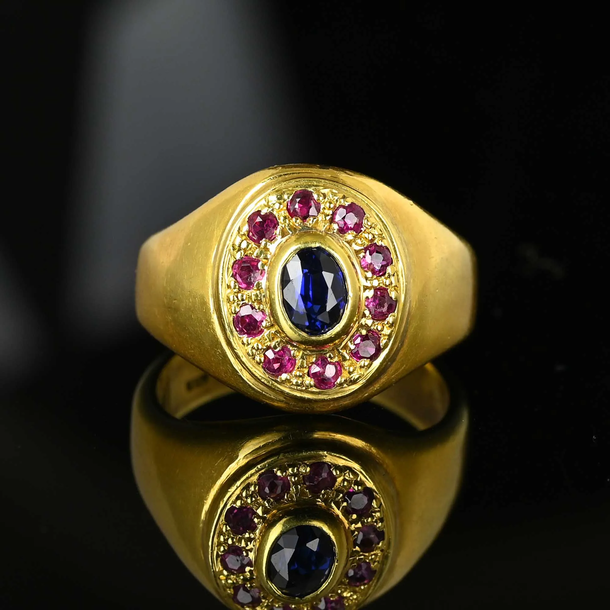 Vintage 18K Gold Ruby Halo Sapphire Signet Ring