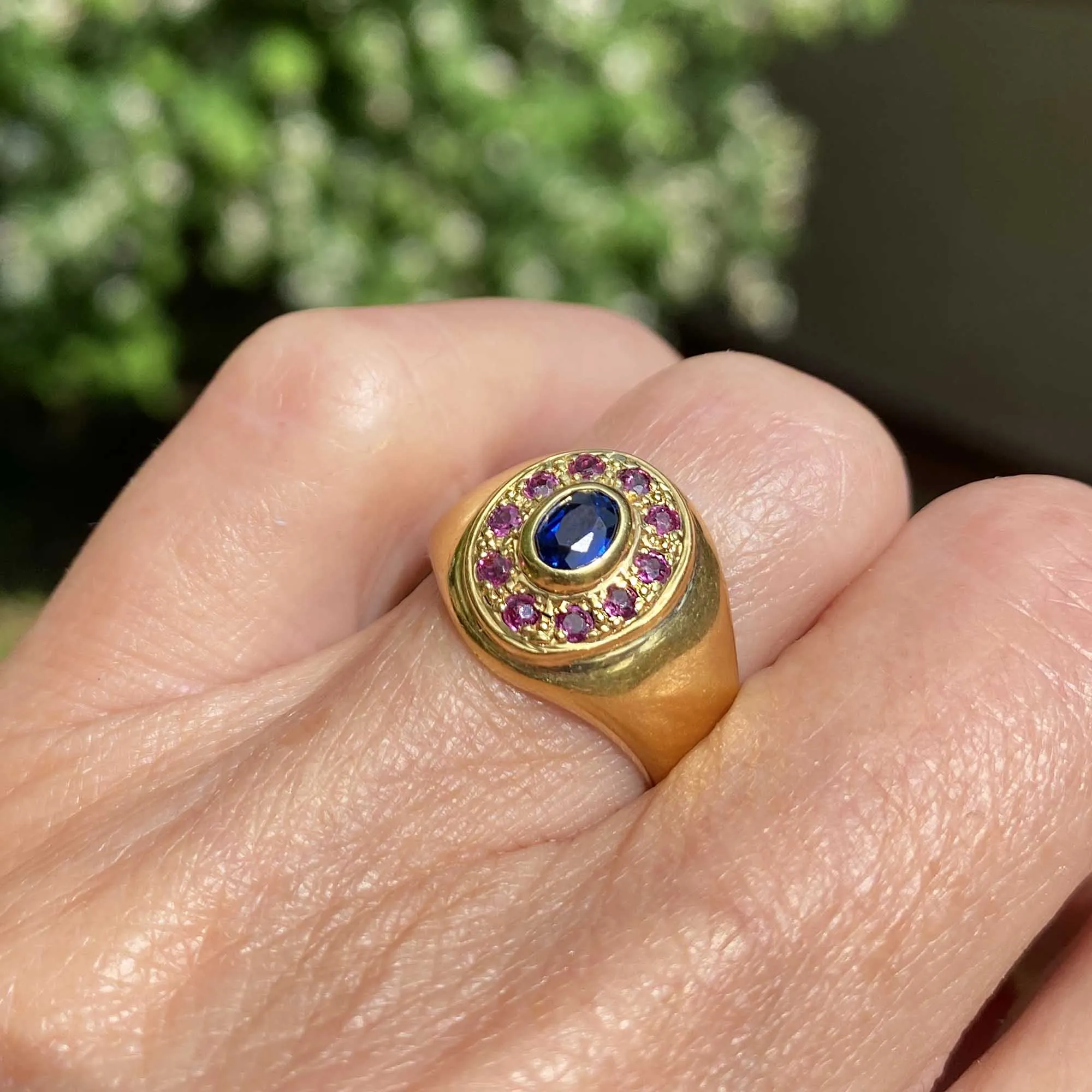 Vintage 18K Gold Ruby Halo Sapphire Signet Ring