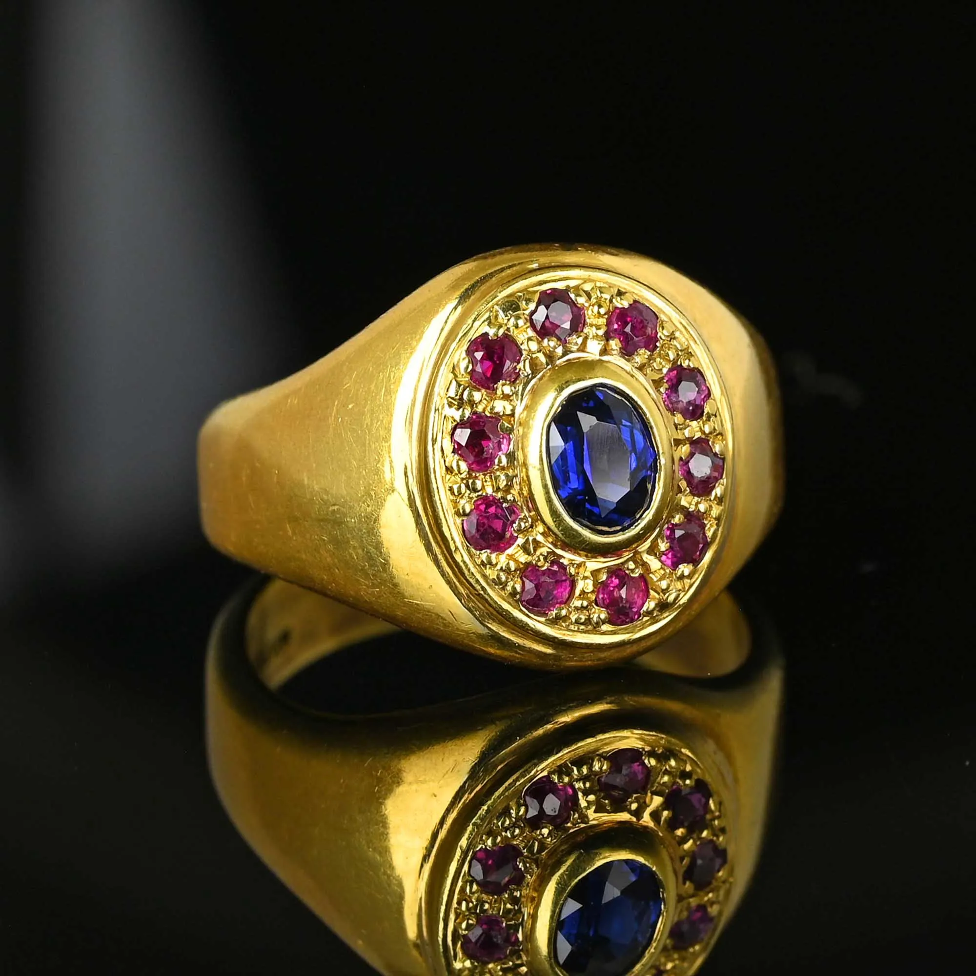 Vintage 18K Gold Ruby Halo Sapphire Signet Ring