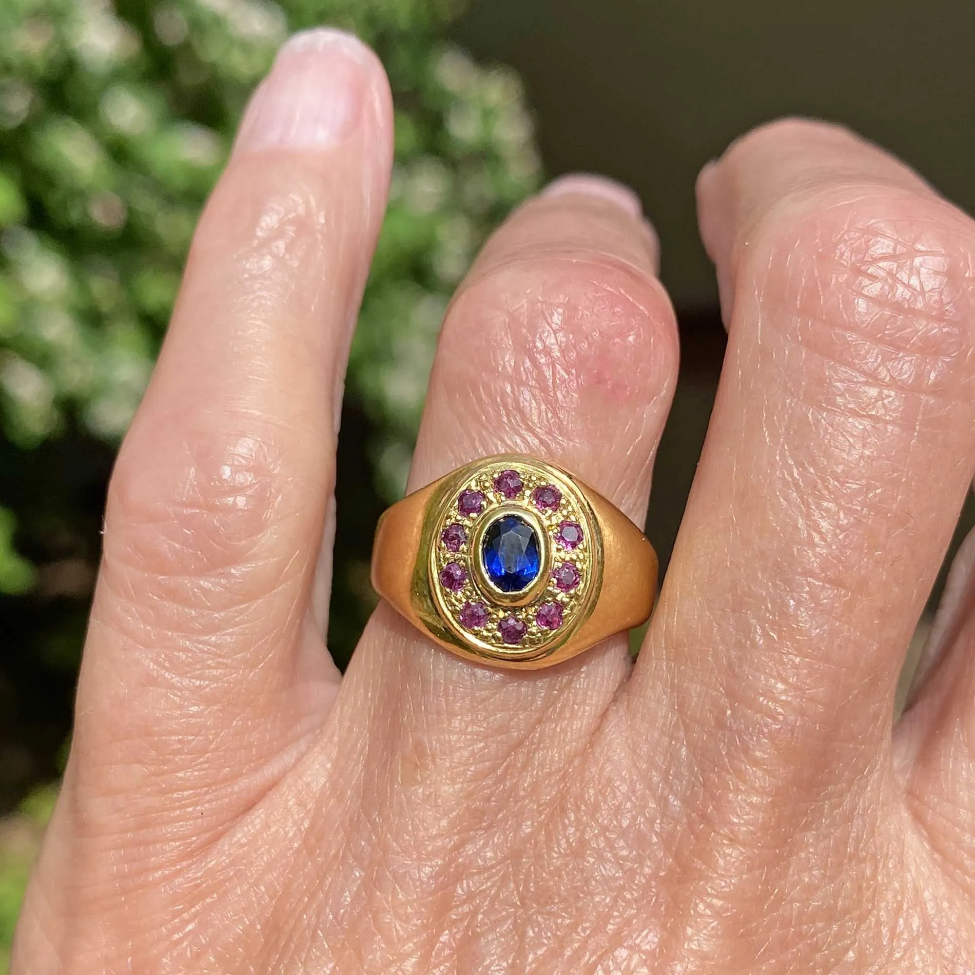 Vintage 18K Gold Ruby Halo Sapphire Signet Ring