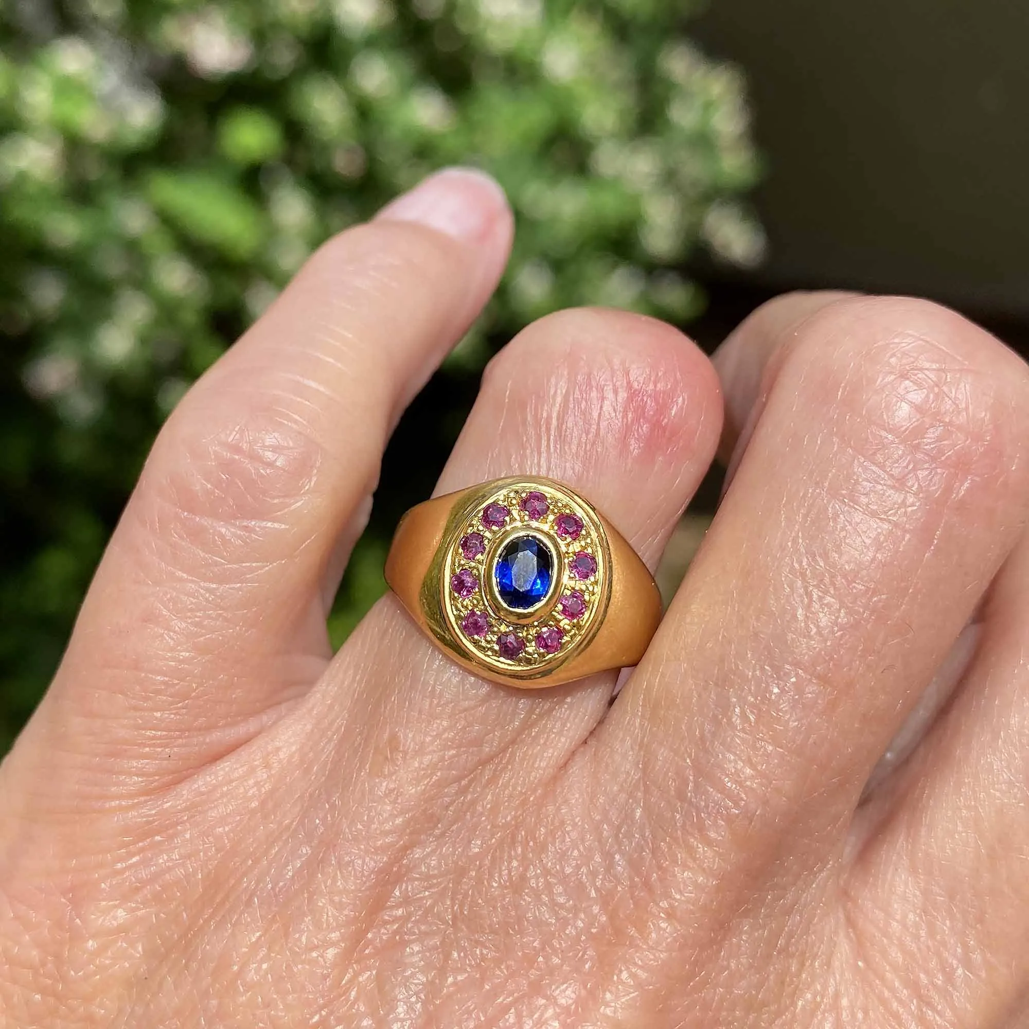 Vintage 18K Gold Ruby Halo Sapphire Signet Ring