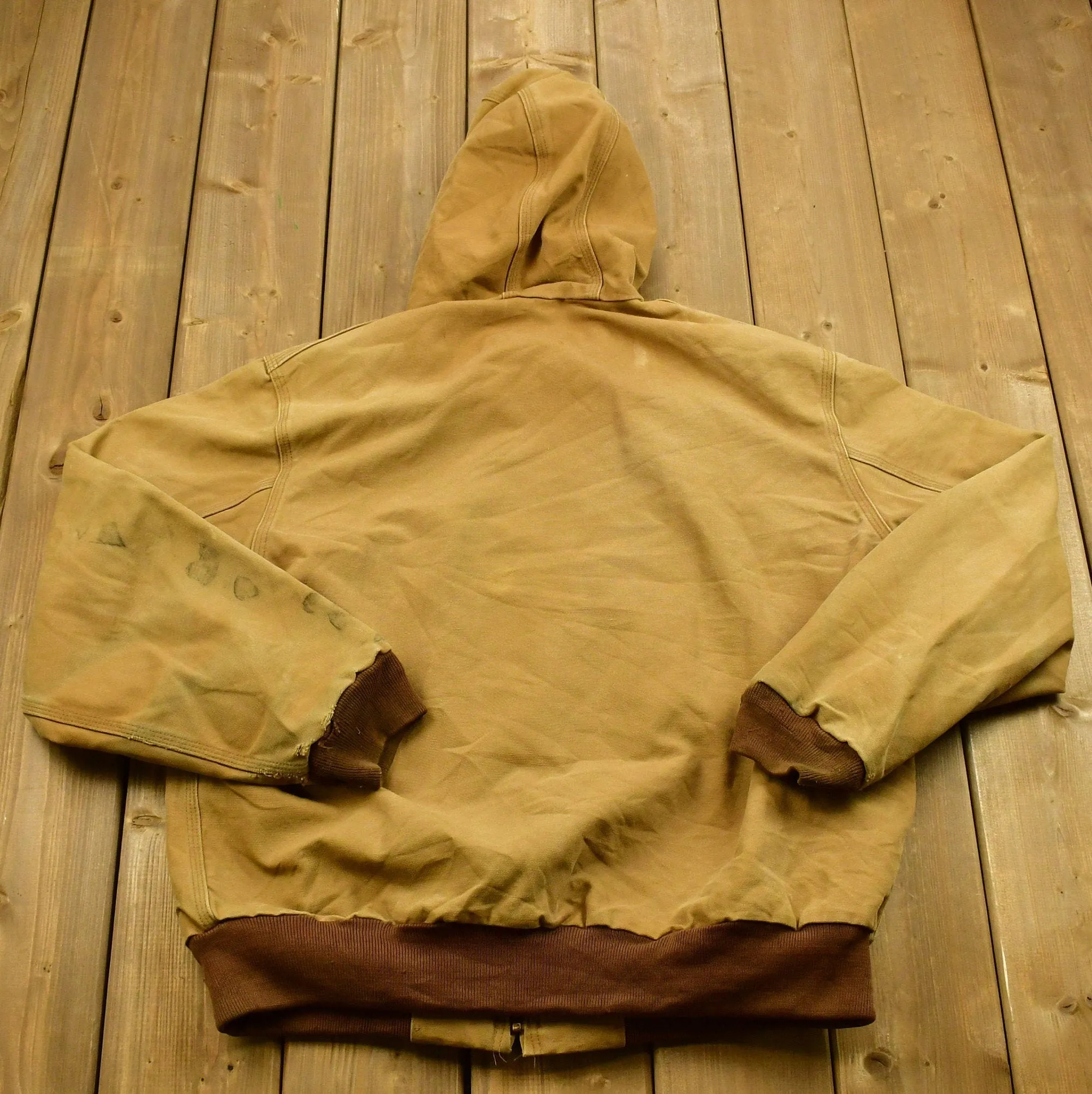 Vintage 1990&#39;s Carhartt Hooded Work Jacket / Workwear / Streetwear / Made In USA / Blanket Lined Jacket / Distressed Carhartt / Tan Jacket