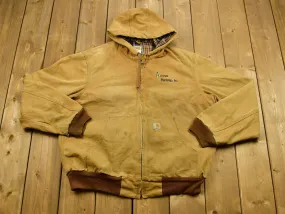 Vintage 1990&#39;s Carhartt Hooded Work Jacket / Workwear / Streetwear / Made In USA / Blanket Lined Jacket / Distressed Carhartt / Tan Jacket