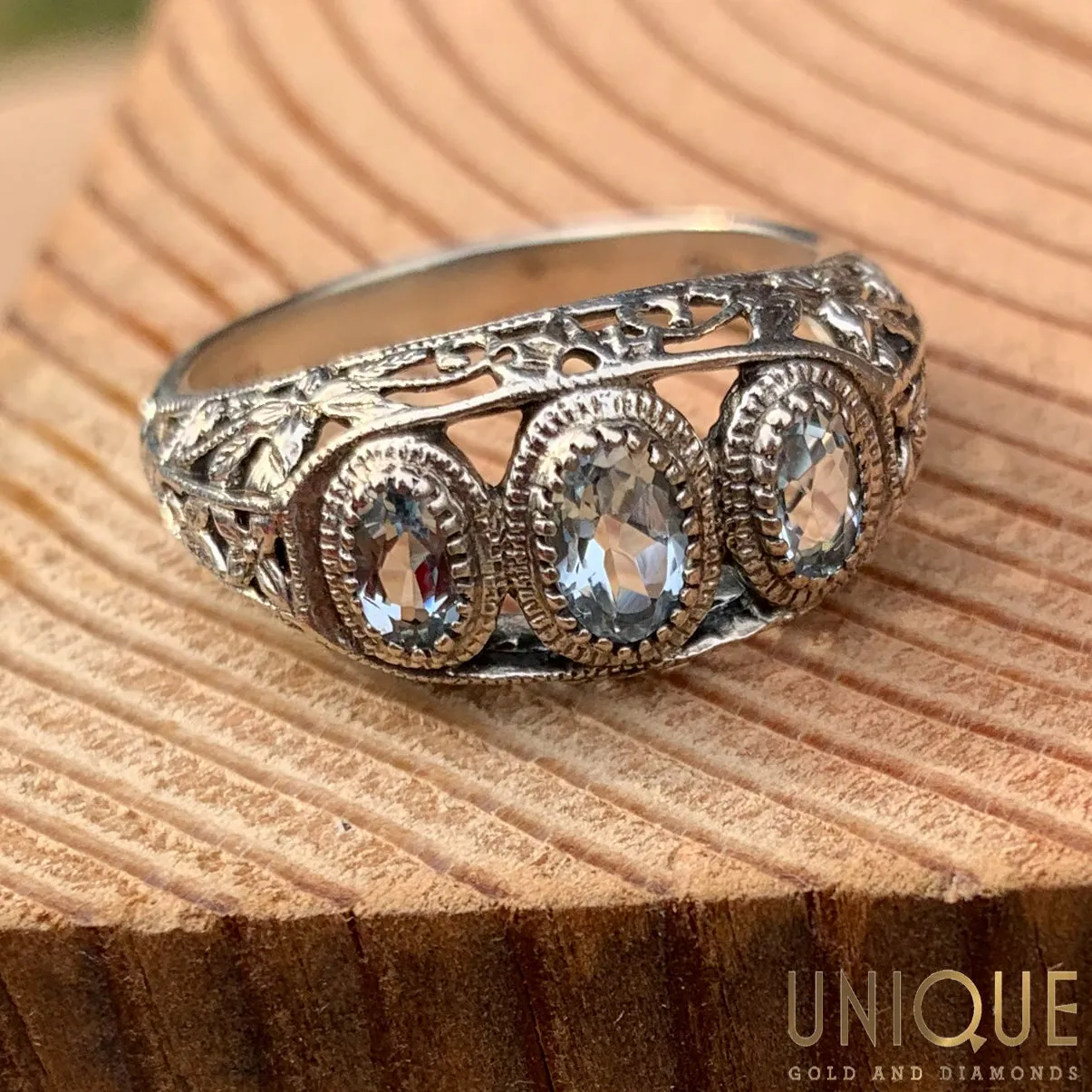 Vintage Sterling Silver Three CZ Antique Style Ring