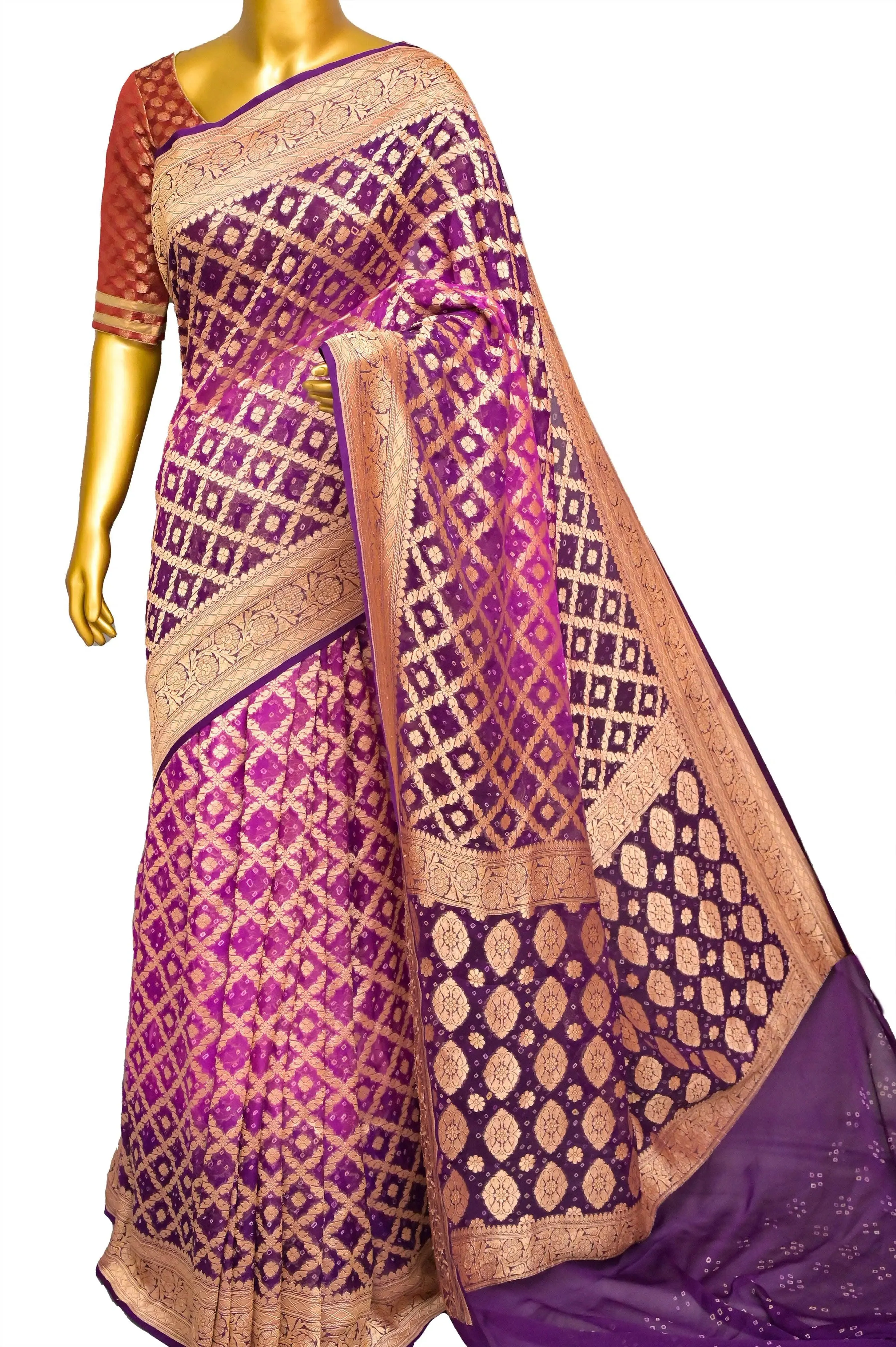 Violet and Magenta Color Georgette Banarasi Saree with Neem Zari and Hand Bandhani Work