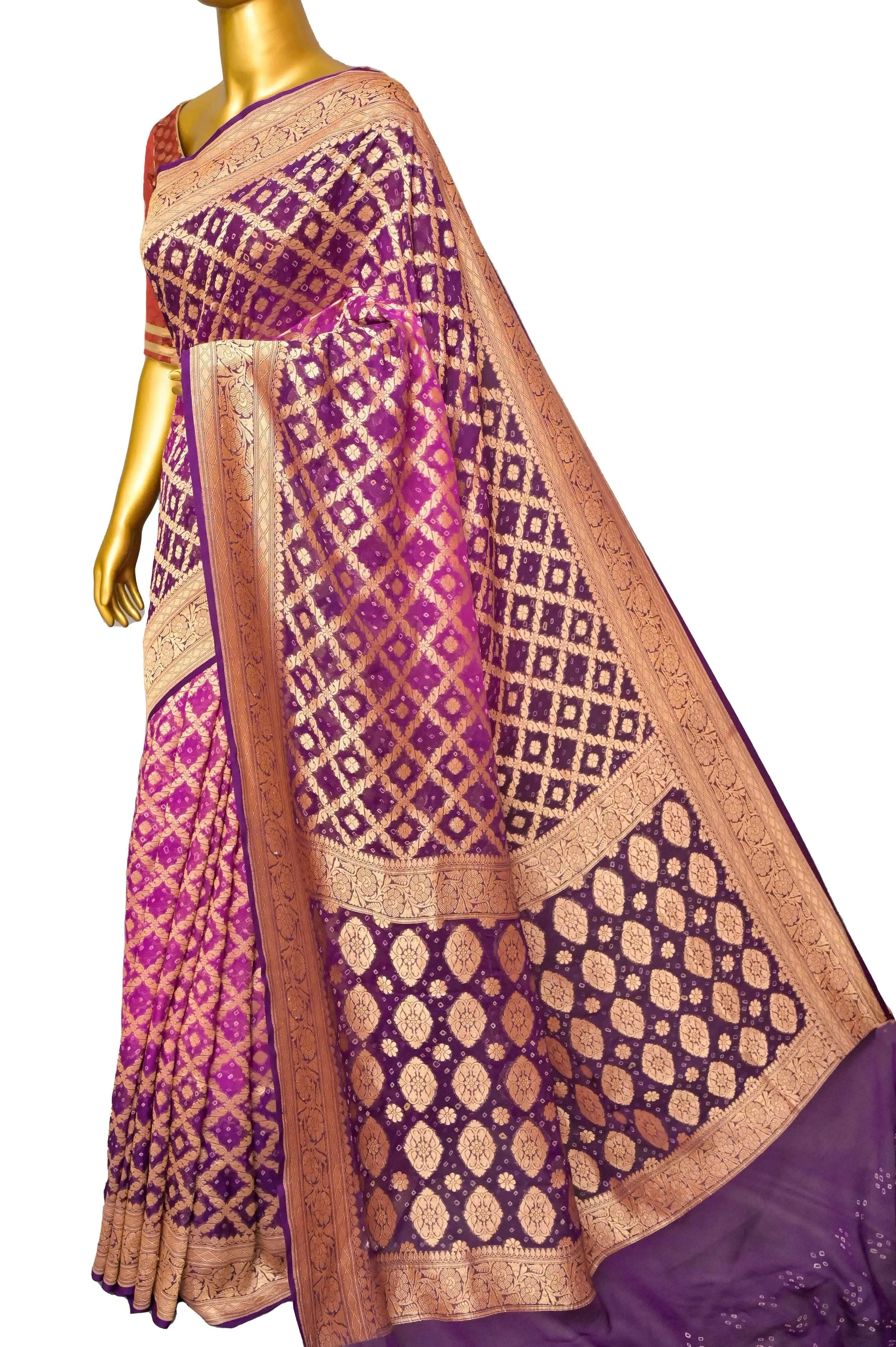 Violet and Magenta Color Georgette Banarasi Saree with Neem Zari and Hand Bandhani Work