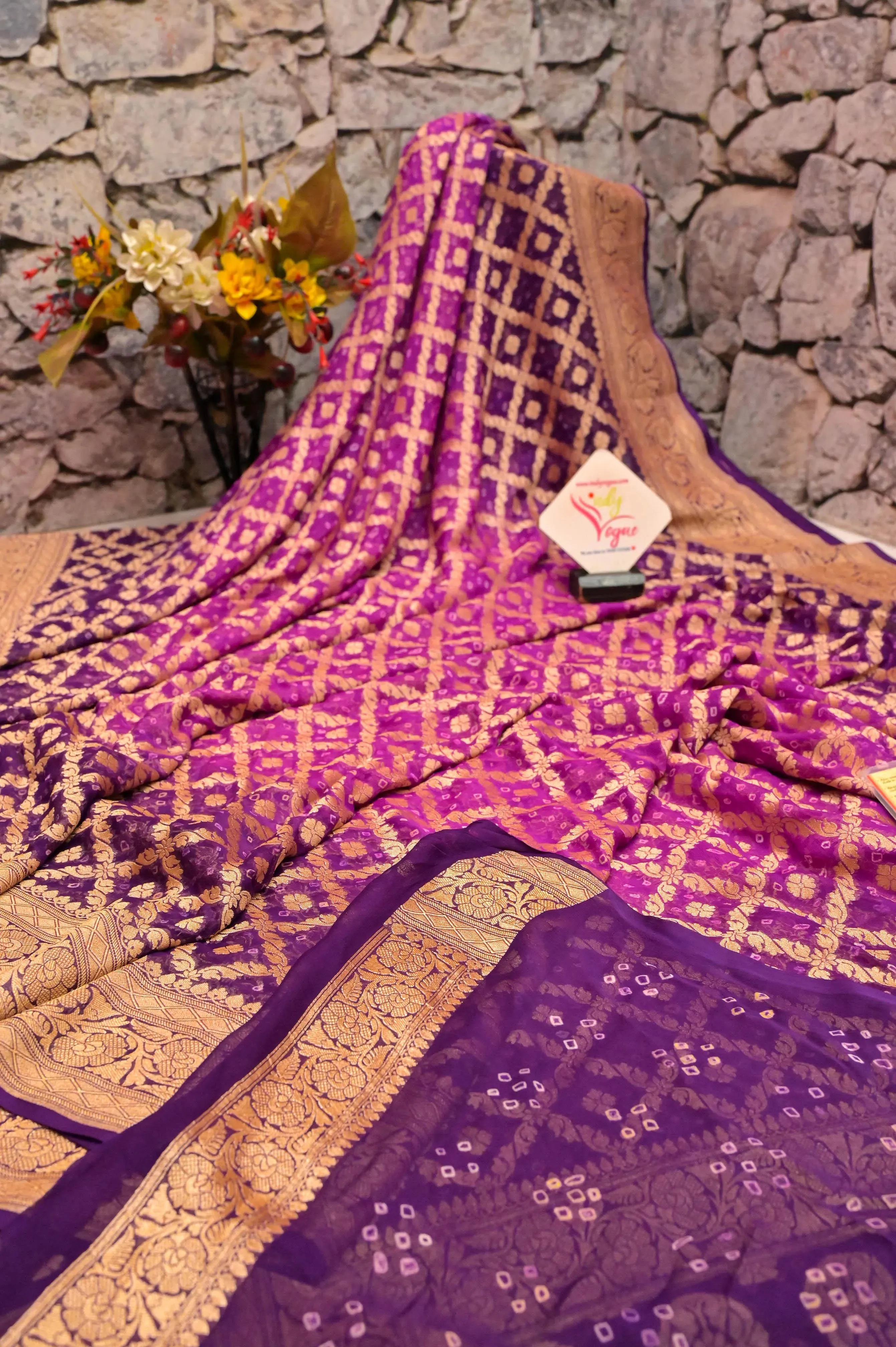 Violet and Magenta Color Georgette Banarasi Saree with Neem Zari and Hand Bandhani Work