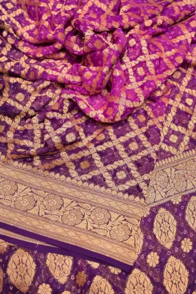 Violet and Magenta Color Georgette Banarasi Saree with Neem Zari and Hand Bandhani Work