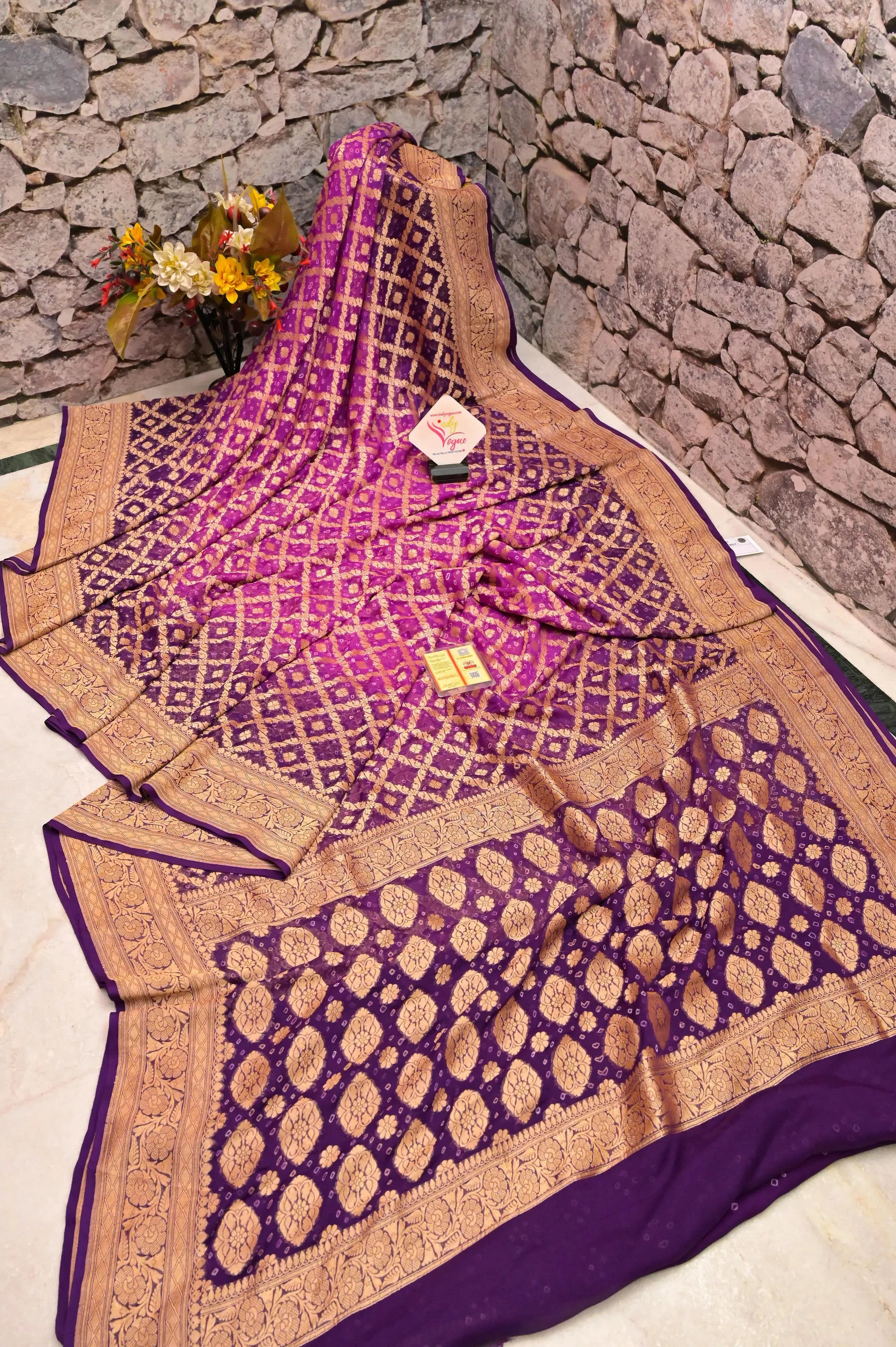 Violet and Magenta Color Georgette Banarasi Saree with Neem Zari and Hand Bandhani Work