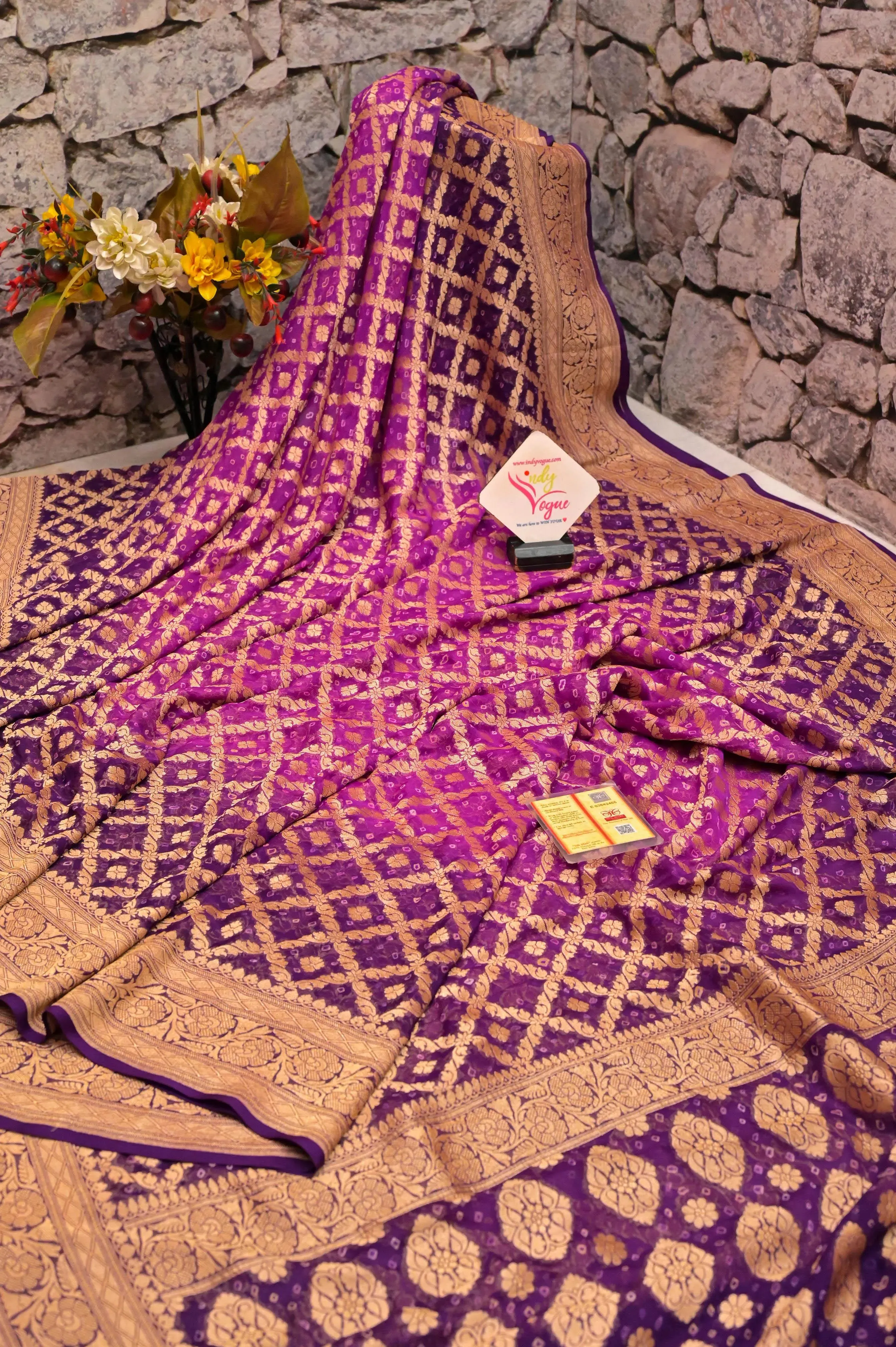 Violet and Magenta Color Georgette Banarasi Saree with Neem Zari and Hand Bandhani Work