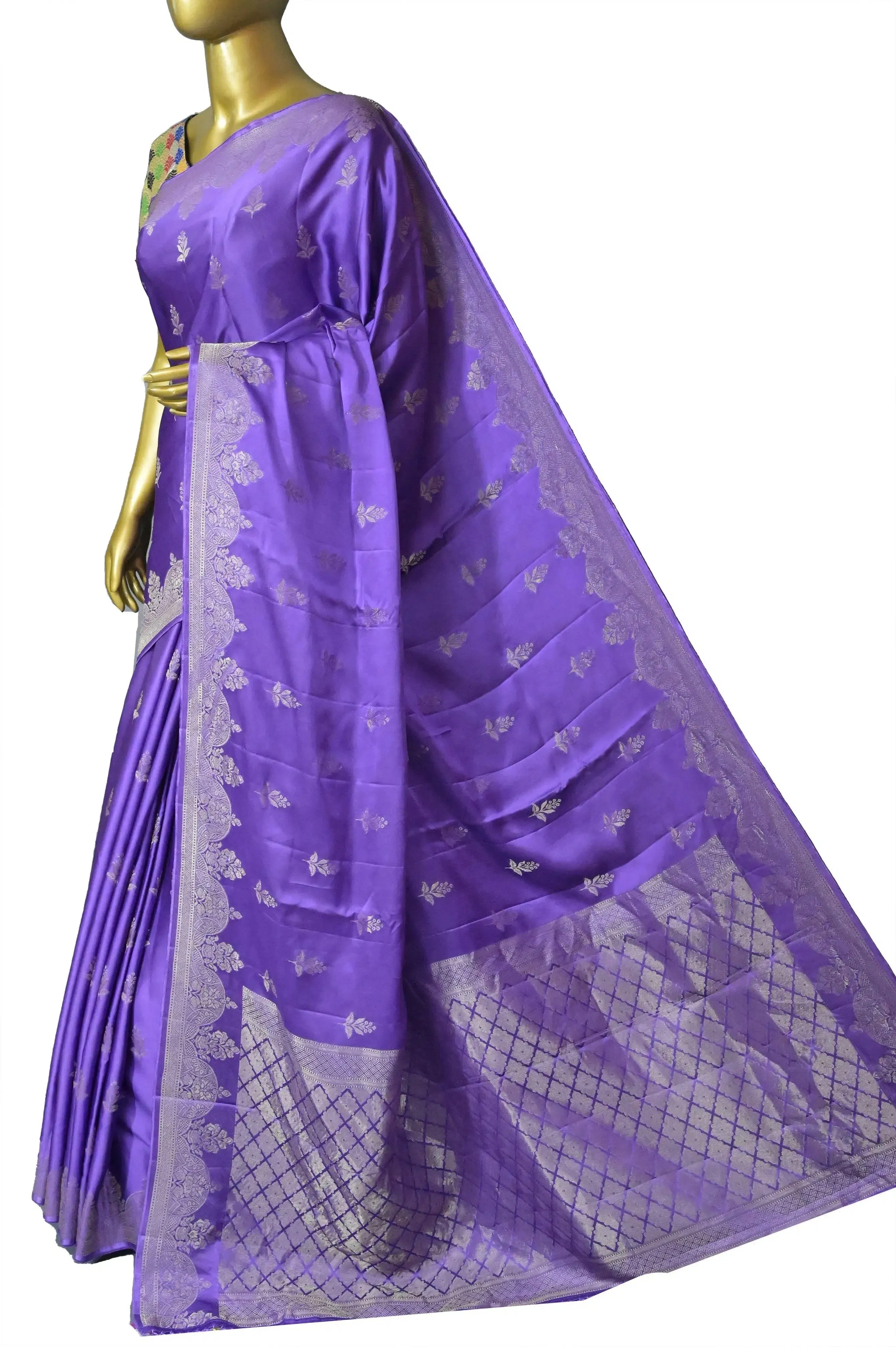 Violet Color Satin Banarasi Silk Saree with Silver Zari Work