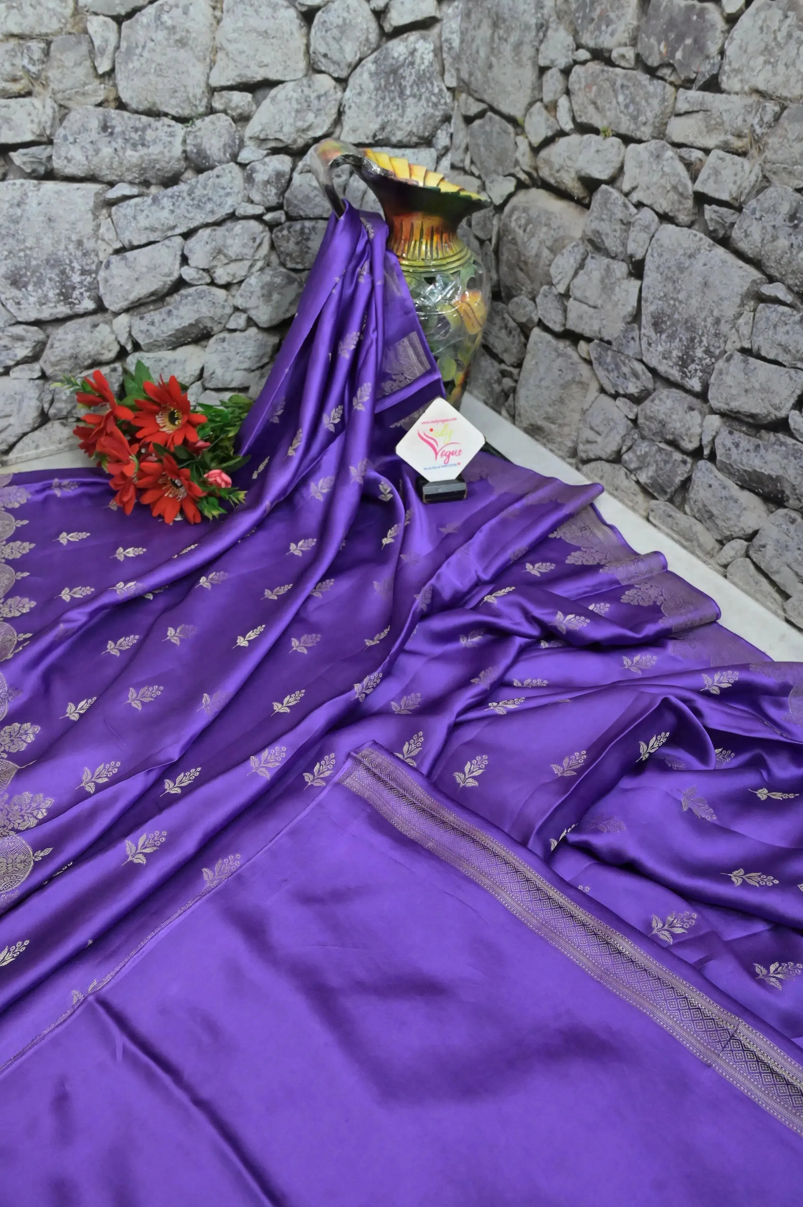 Violet Color Satin Banarasi Silk Saree with Silver Zari Work