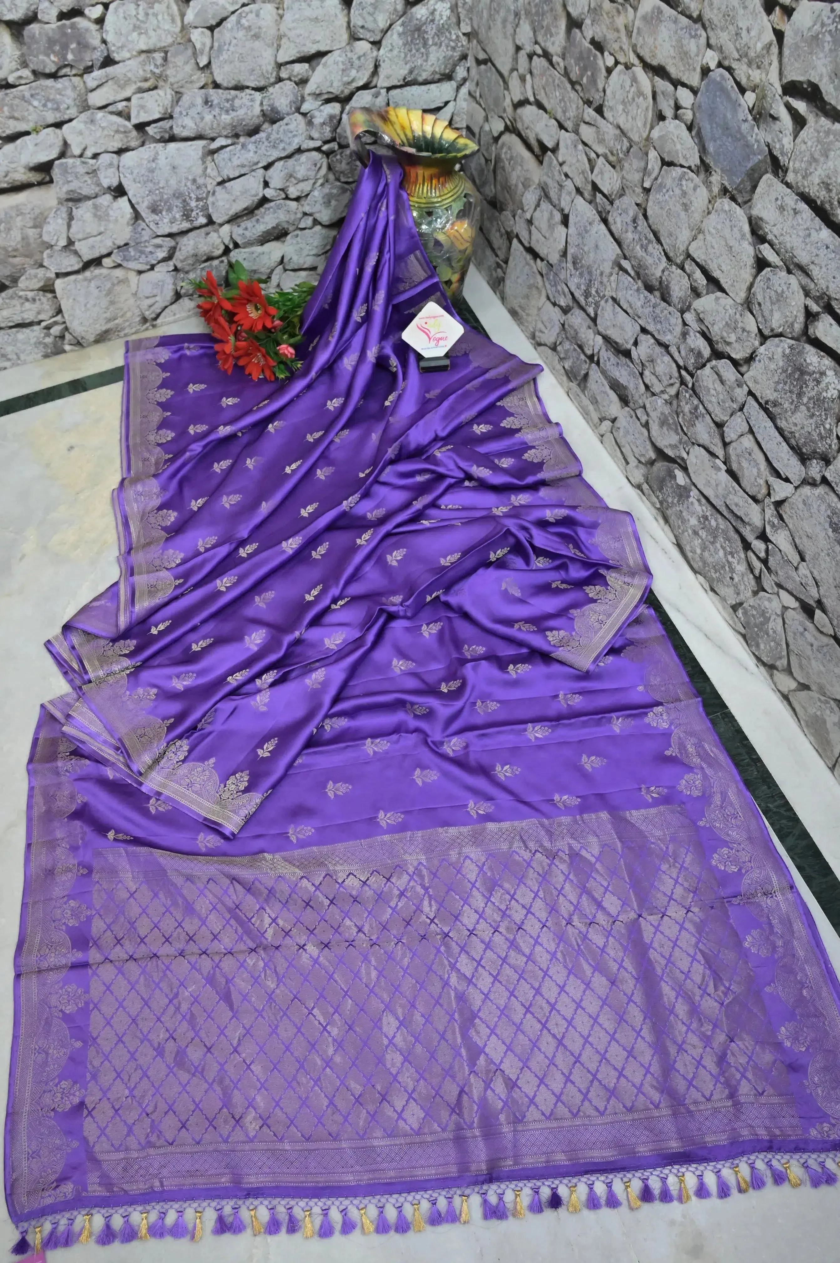 Violet Color Satin Banarasi Silk Saree with Silver Zari Work