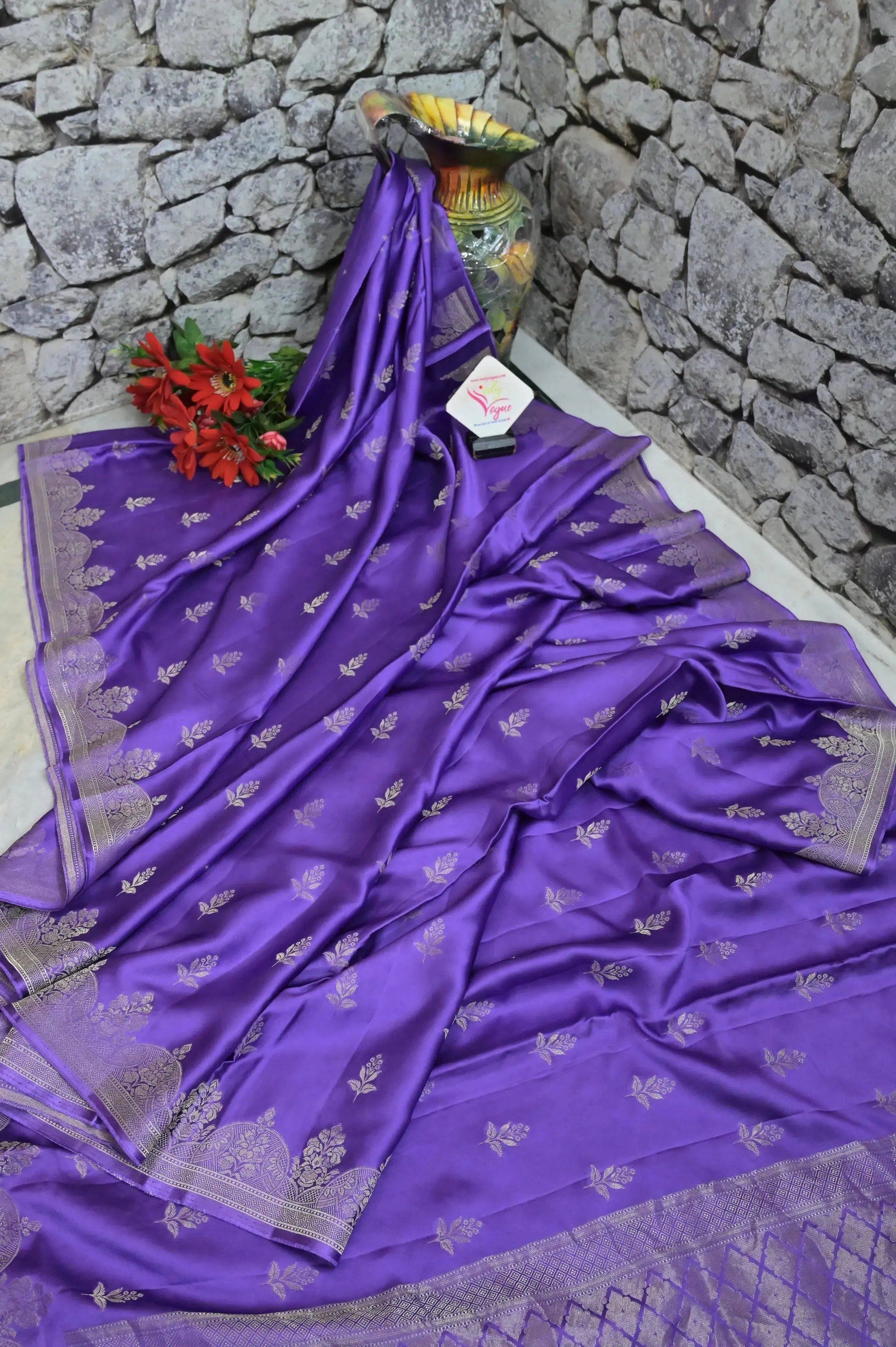 Violet Color Satin Banarasi Silk Saree with Silver Zari Work