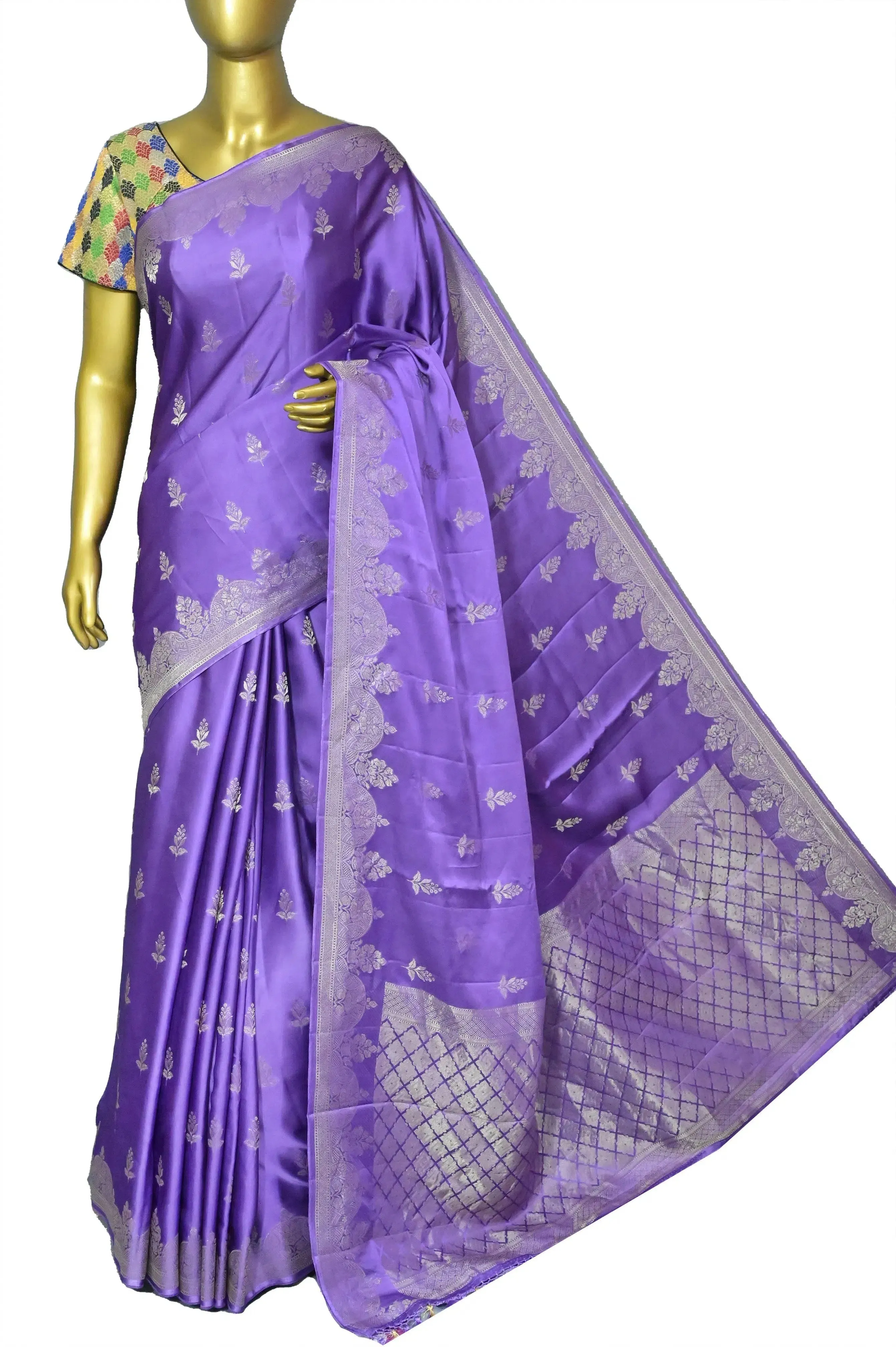 Violet Color Satin Banarasi Silk Saree with Silver Zari Work