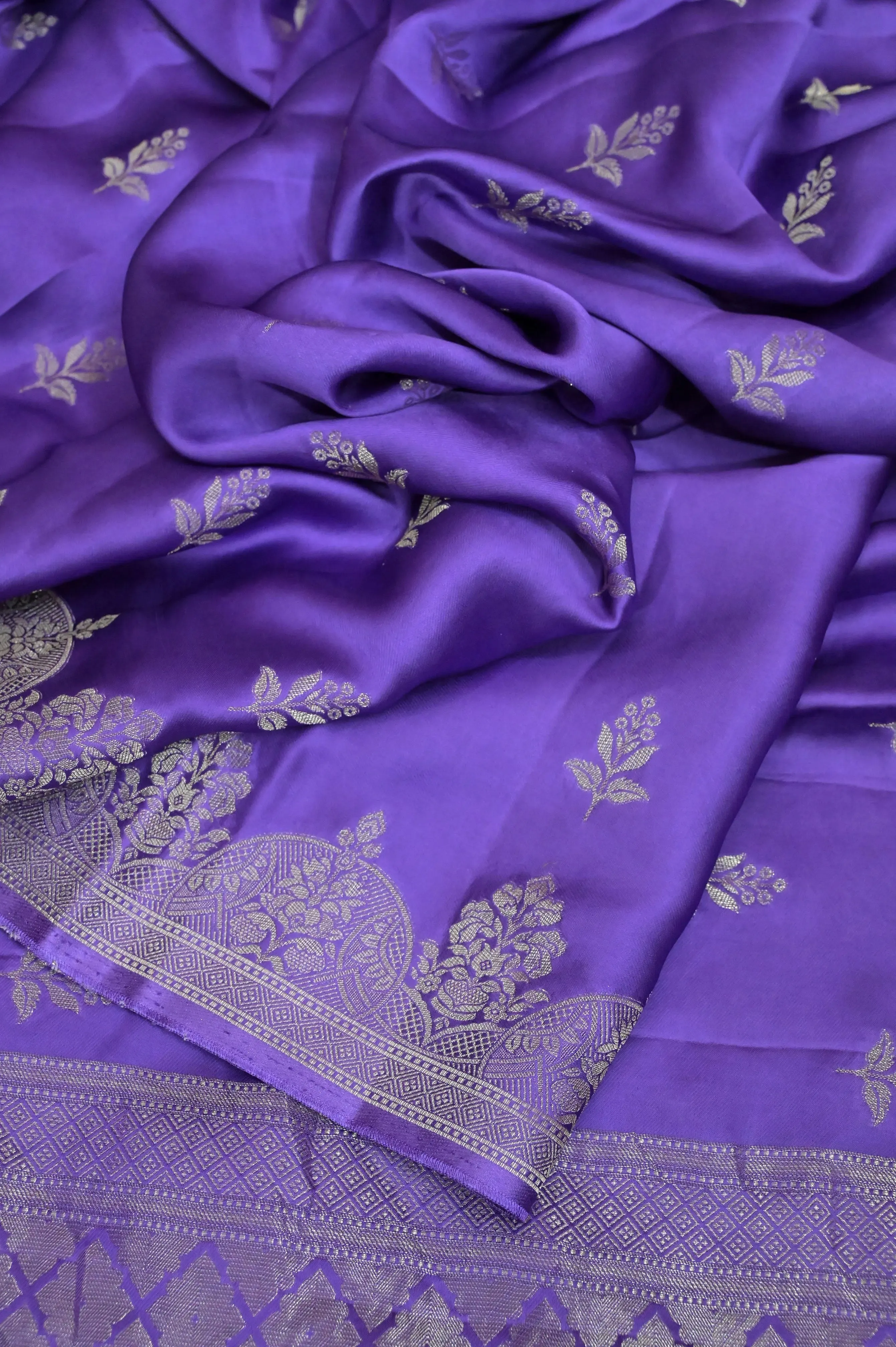 Violet Color Satin Banarasi Silk Saree with Silver Zari Work