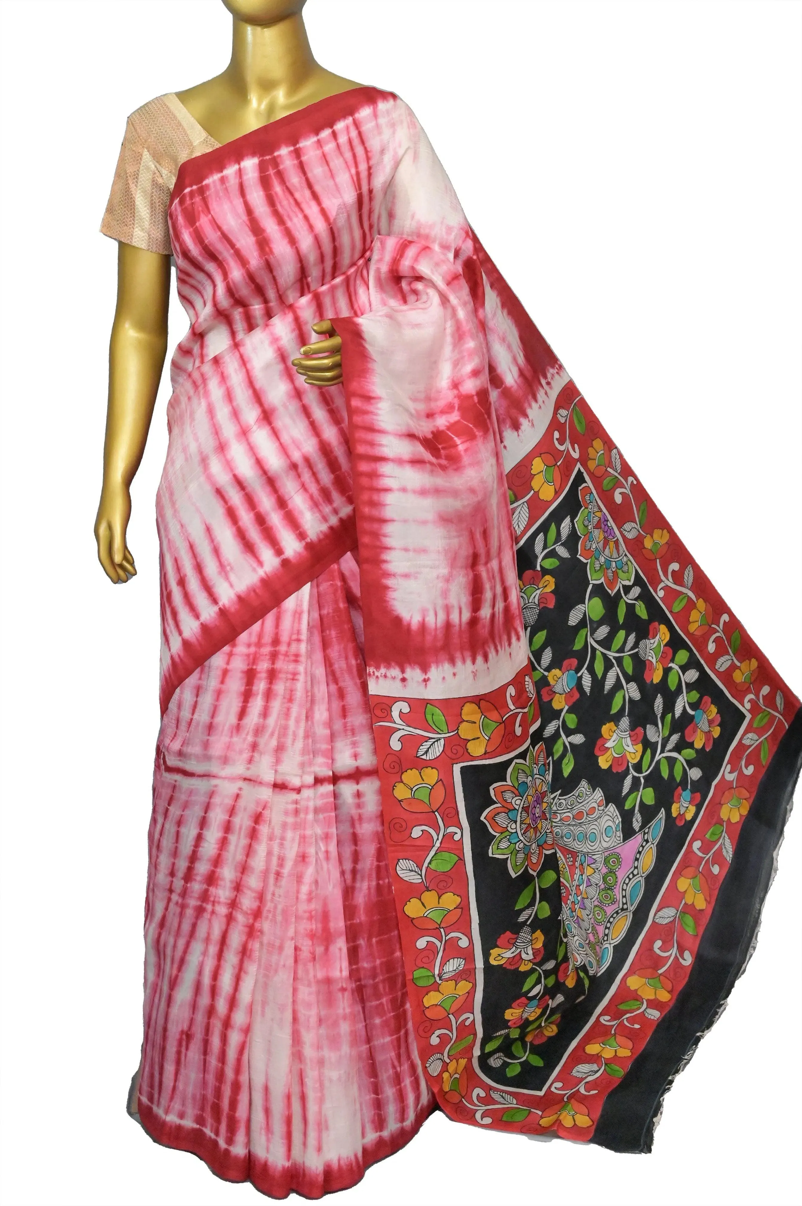 White and Red Color Bishnupur Katan Silk with Hand Shibori and Hand Kalamkari