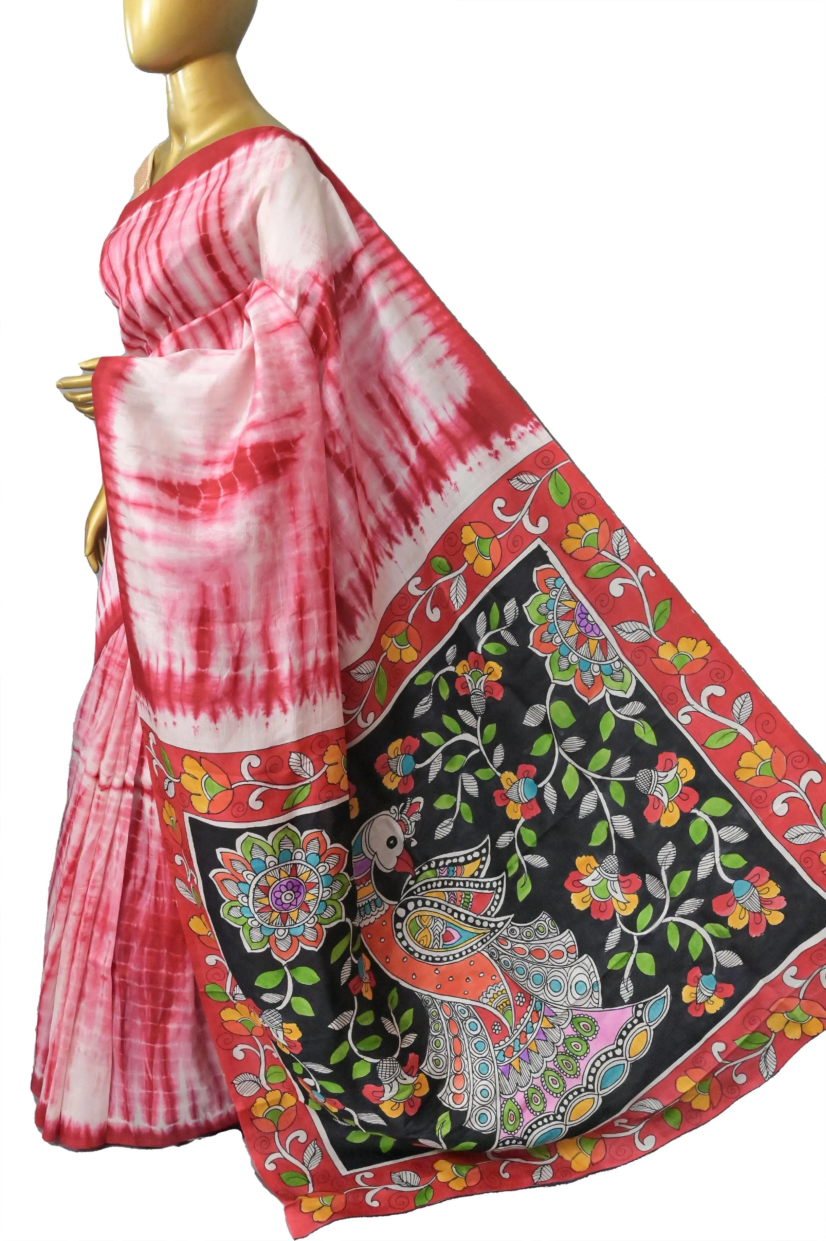 White and Red Color Bishnupur Katan Silk with Hand Shibori and Hand Kalamkari