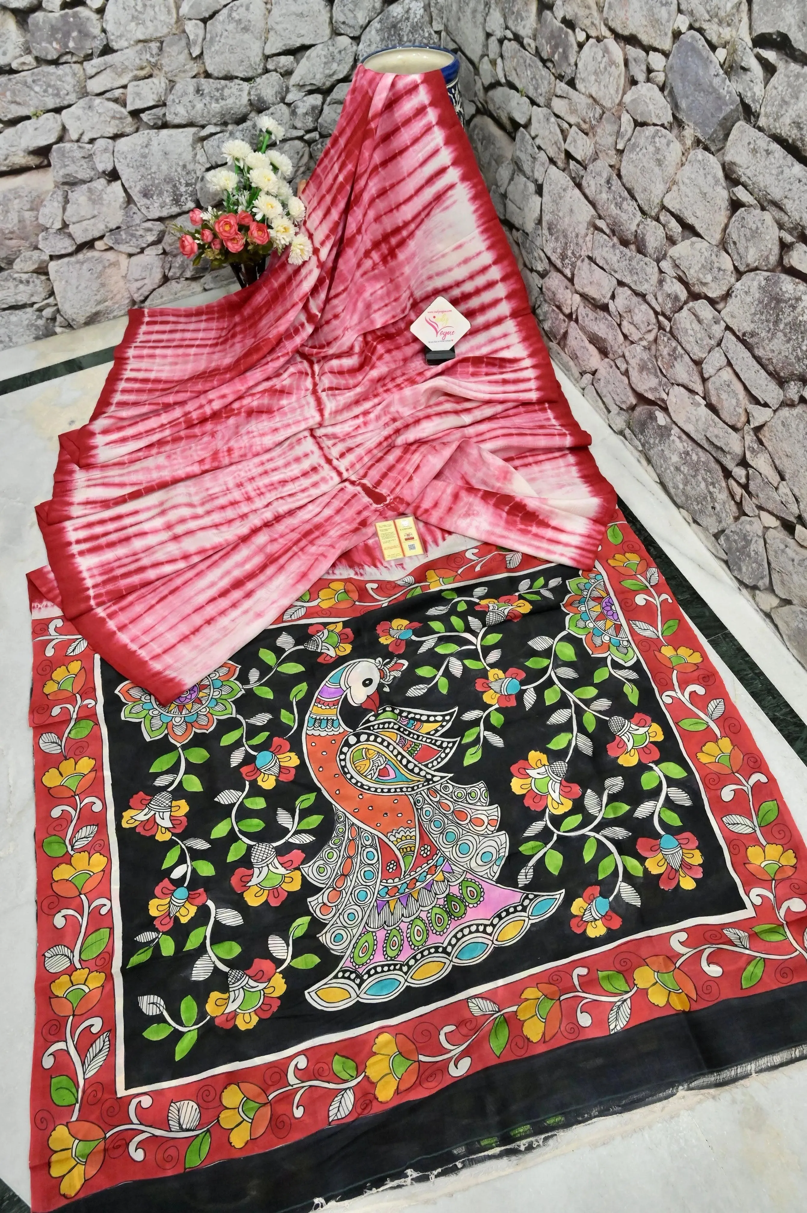 White and Red Color Bishnupur Katan Silk with Hand Shibori and Hand Kalamkari