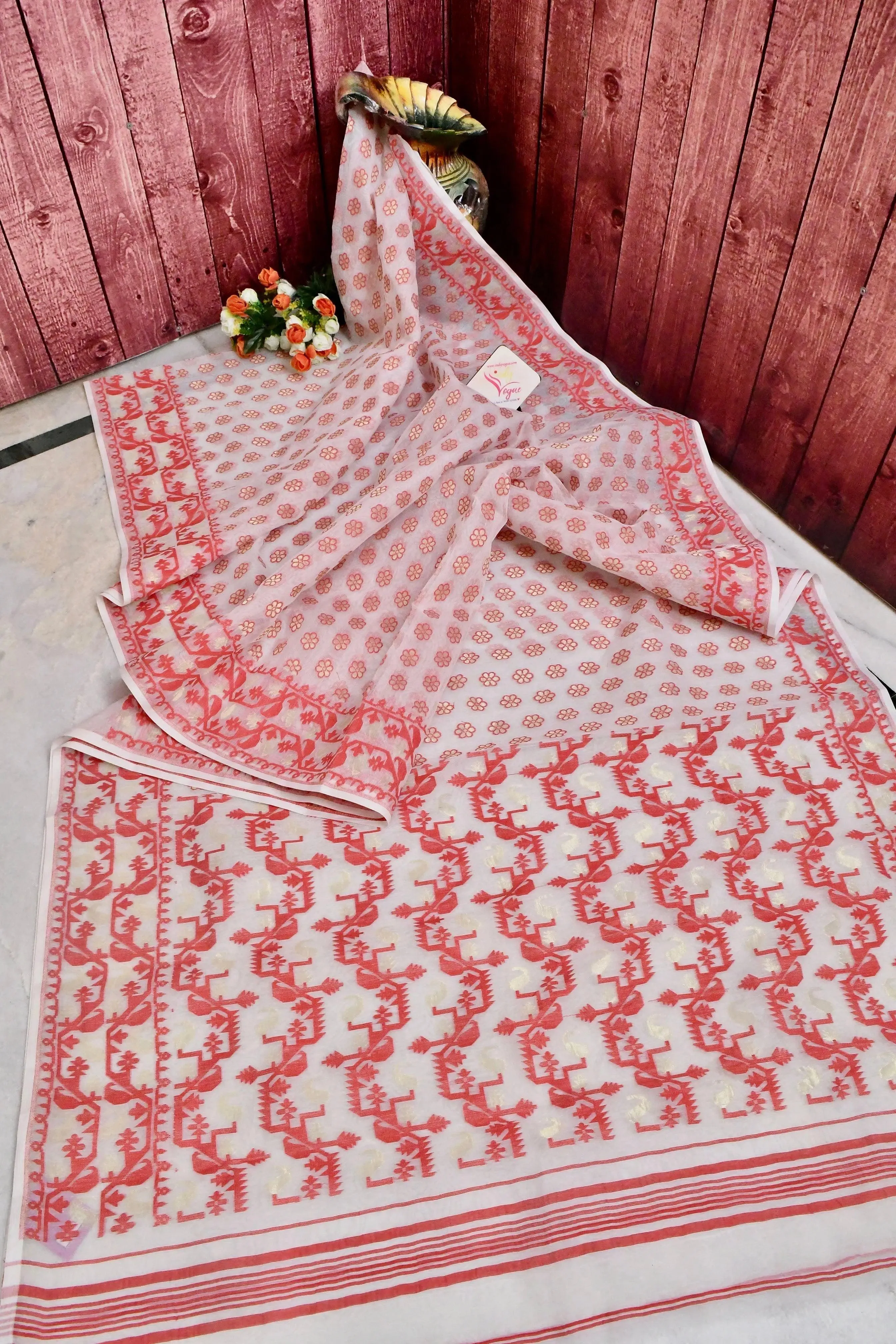 White and Red Color Jamdani Saree with Buti Work