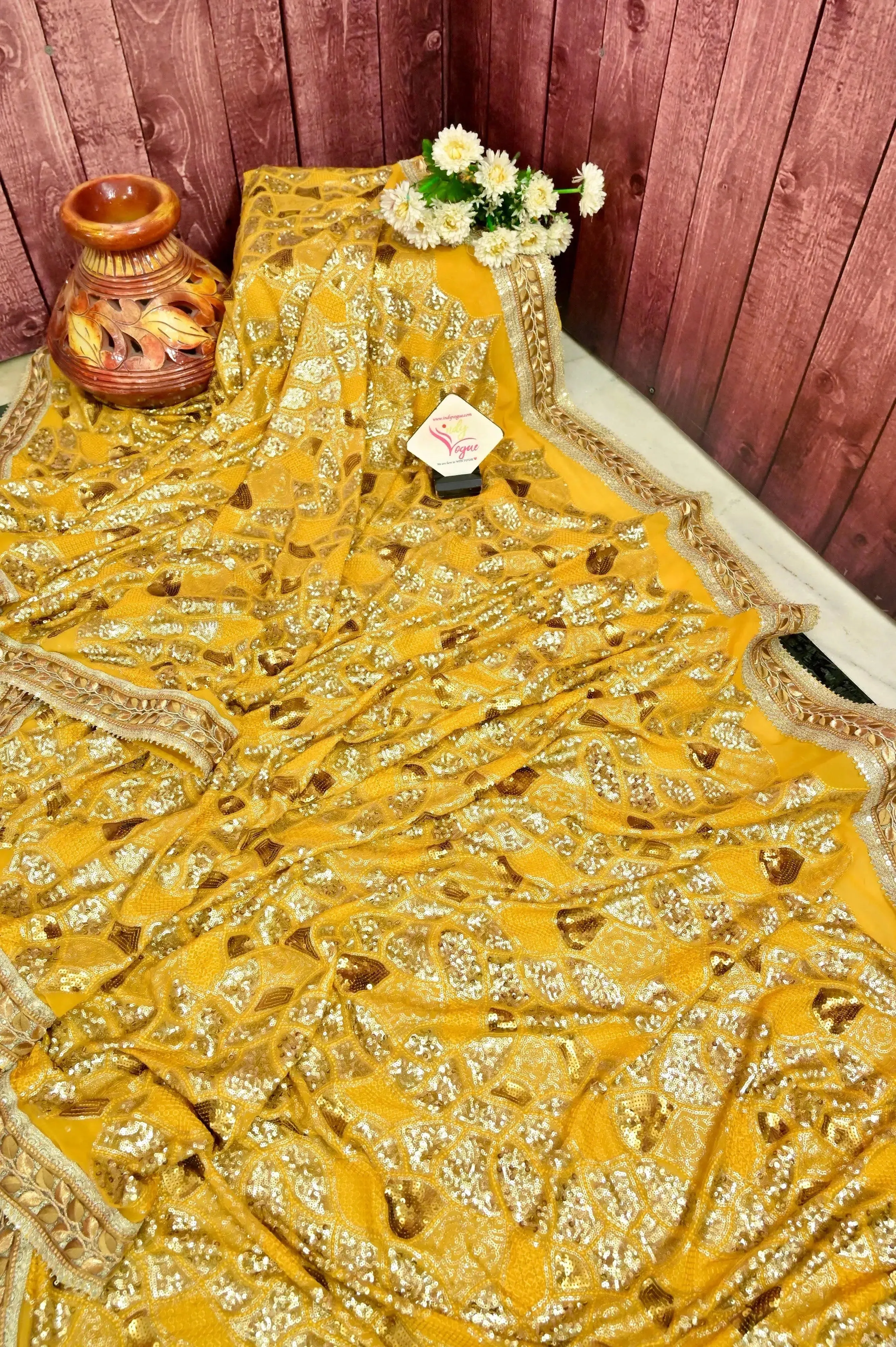 Yellow Color Designer Khaddi Georgette Saree with Silver and Golden Sequin Work