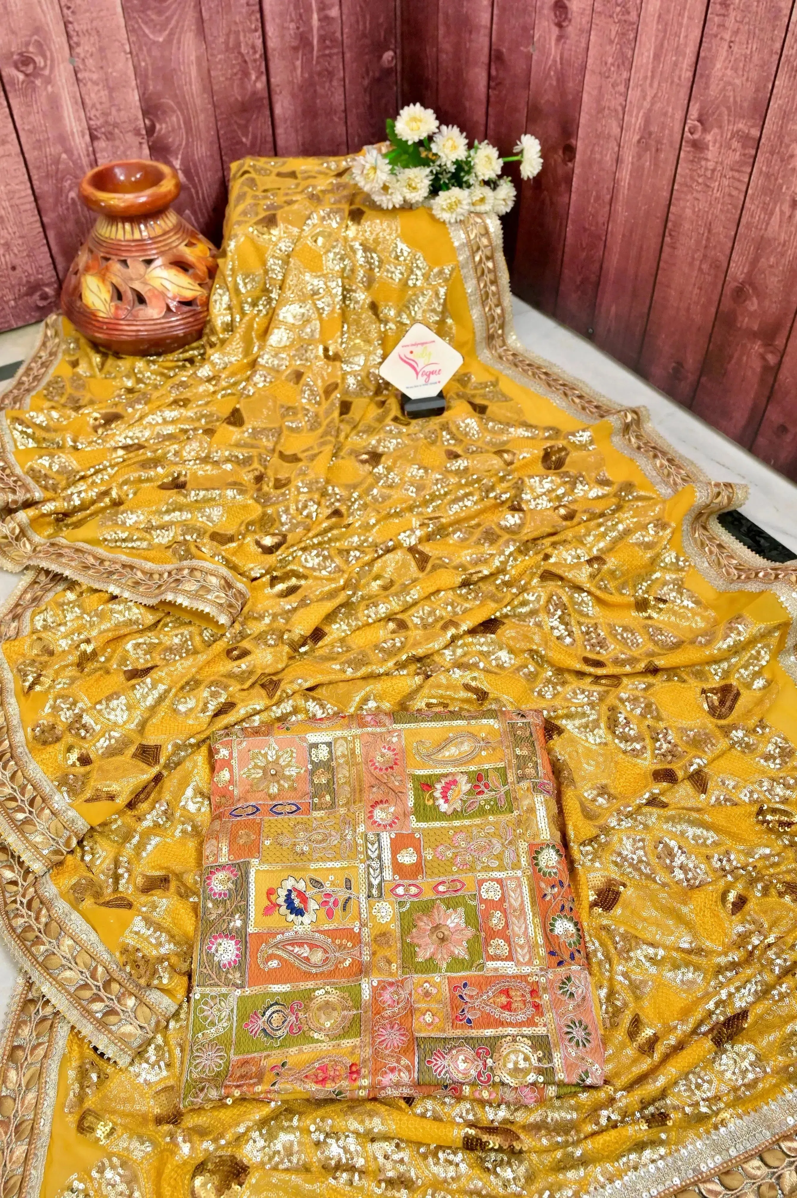 Yellow Color Designer Khaddi Georgette Saree with Silver and Golden Sequin Work