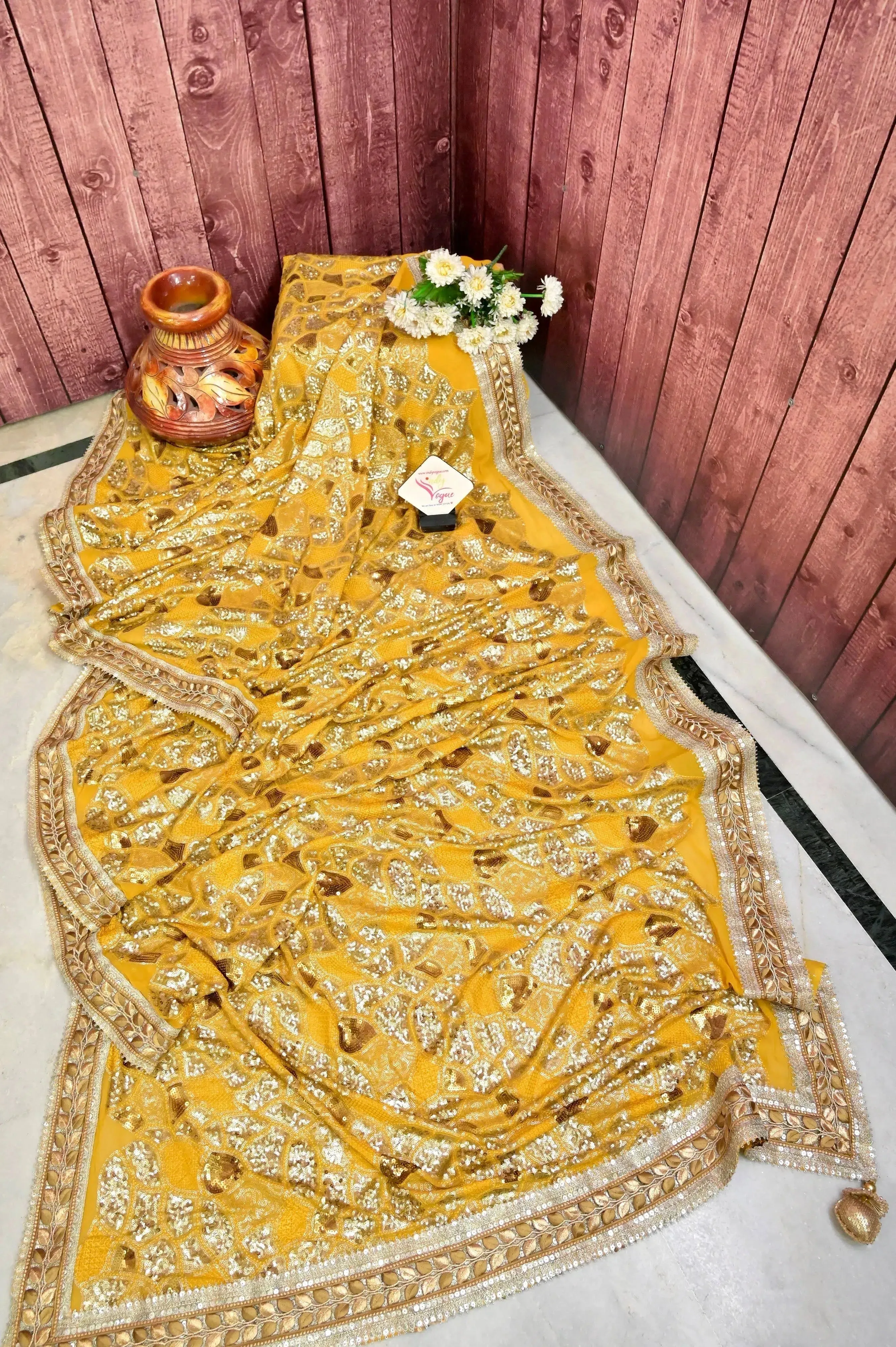 Yellow Color Designer Khaddi Georgette Saree with Silver and Golden Sequin Work