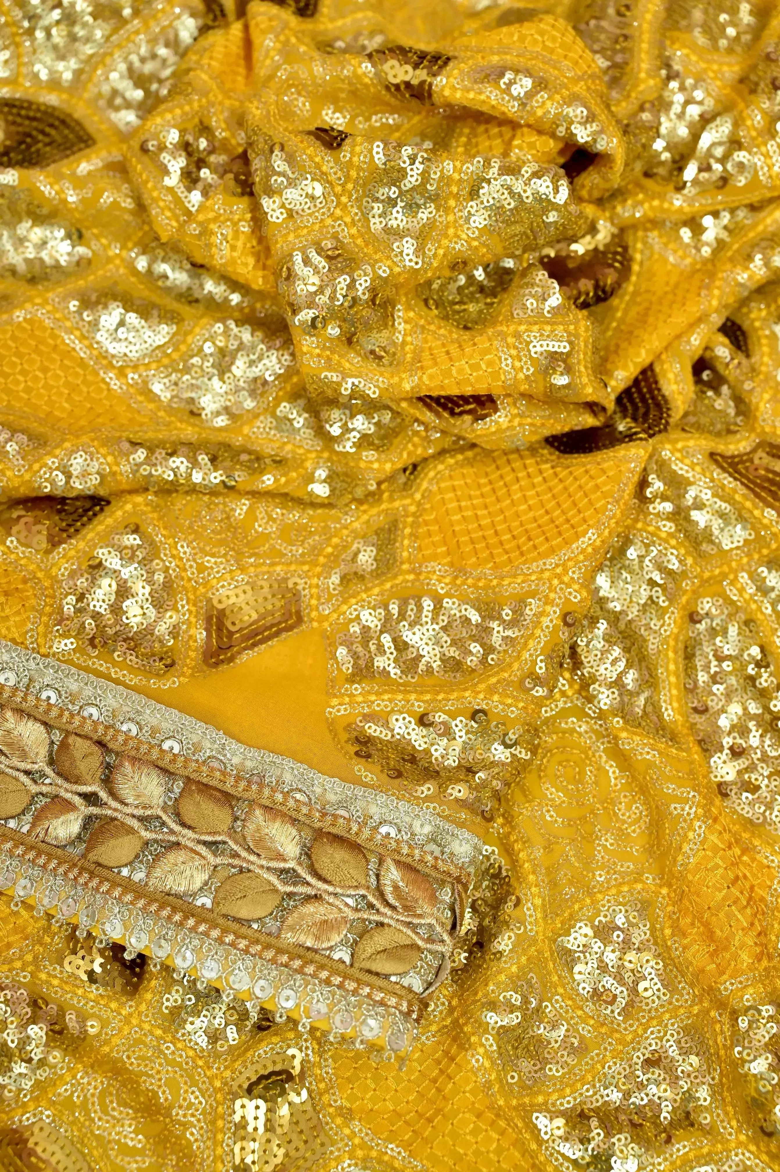 Yellow Color Designer Khaddi Georgette Saree with Silver and Golden Sequin Work