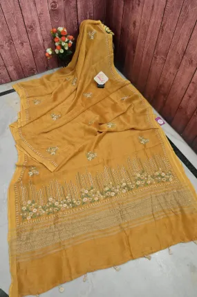 Yellow Color Silk Linen with Hand Parsi Embroidery and Kantha Stitch